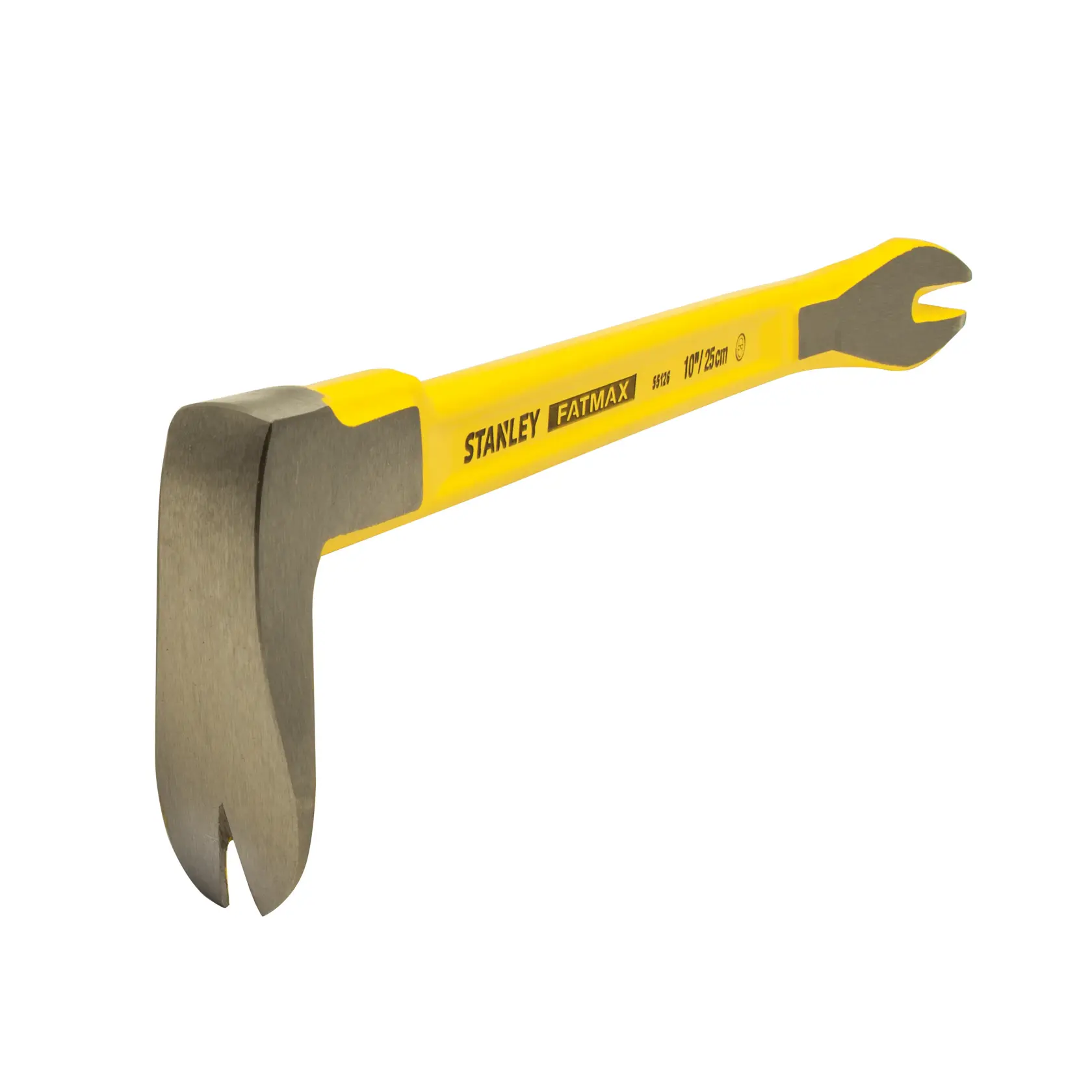 Stanley 55-126 FatMax yellow pry bar with dual ends, angled on white background, photography product.