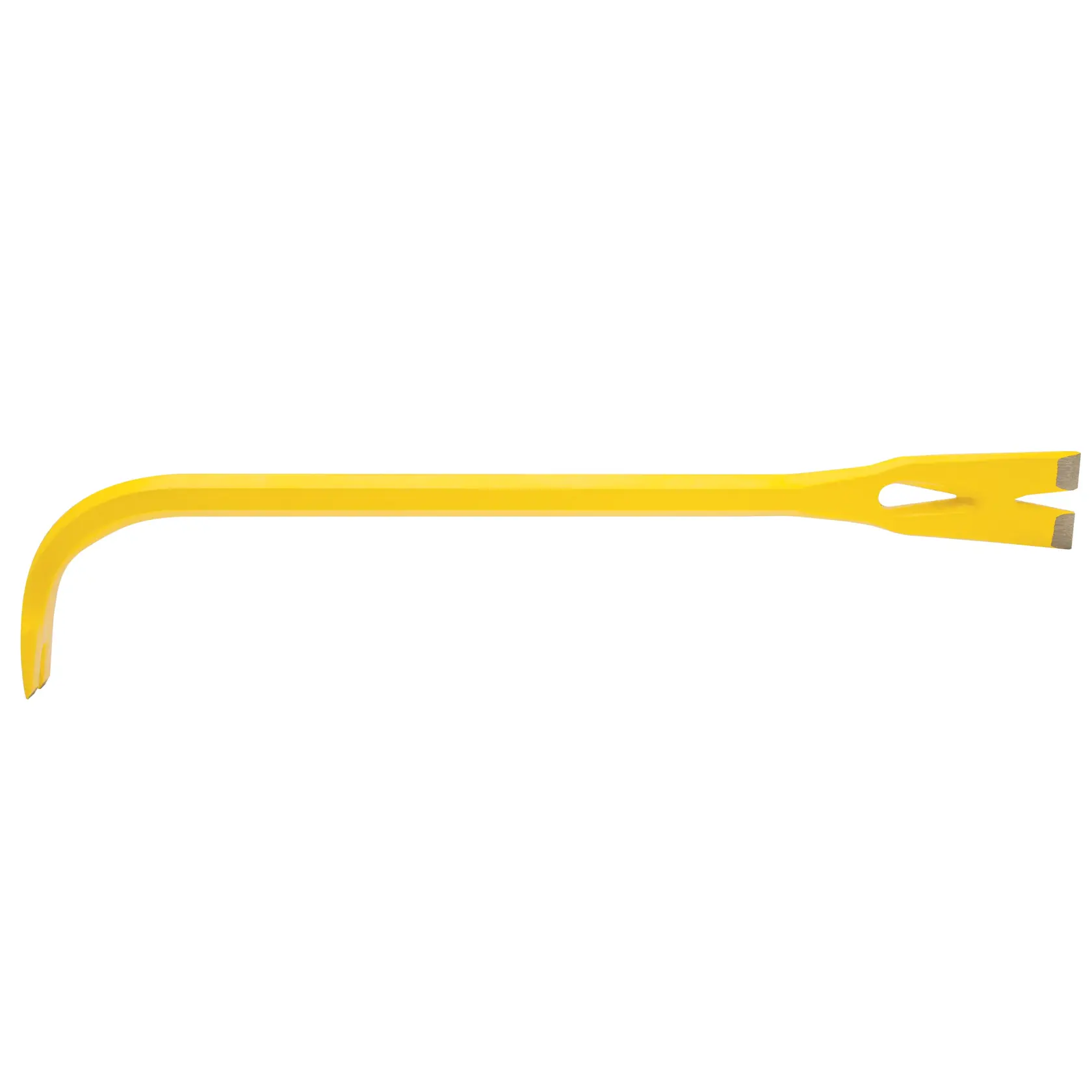 STANLEY 55-818 yellow pry bar, flat steel with curved and straight ends, product photo on white background.