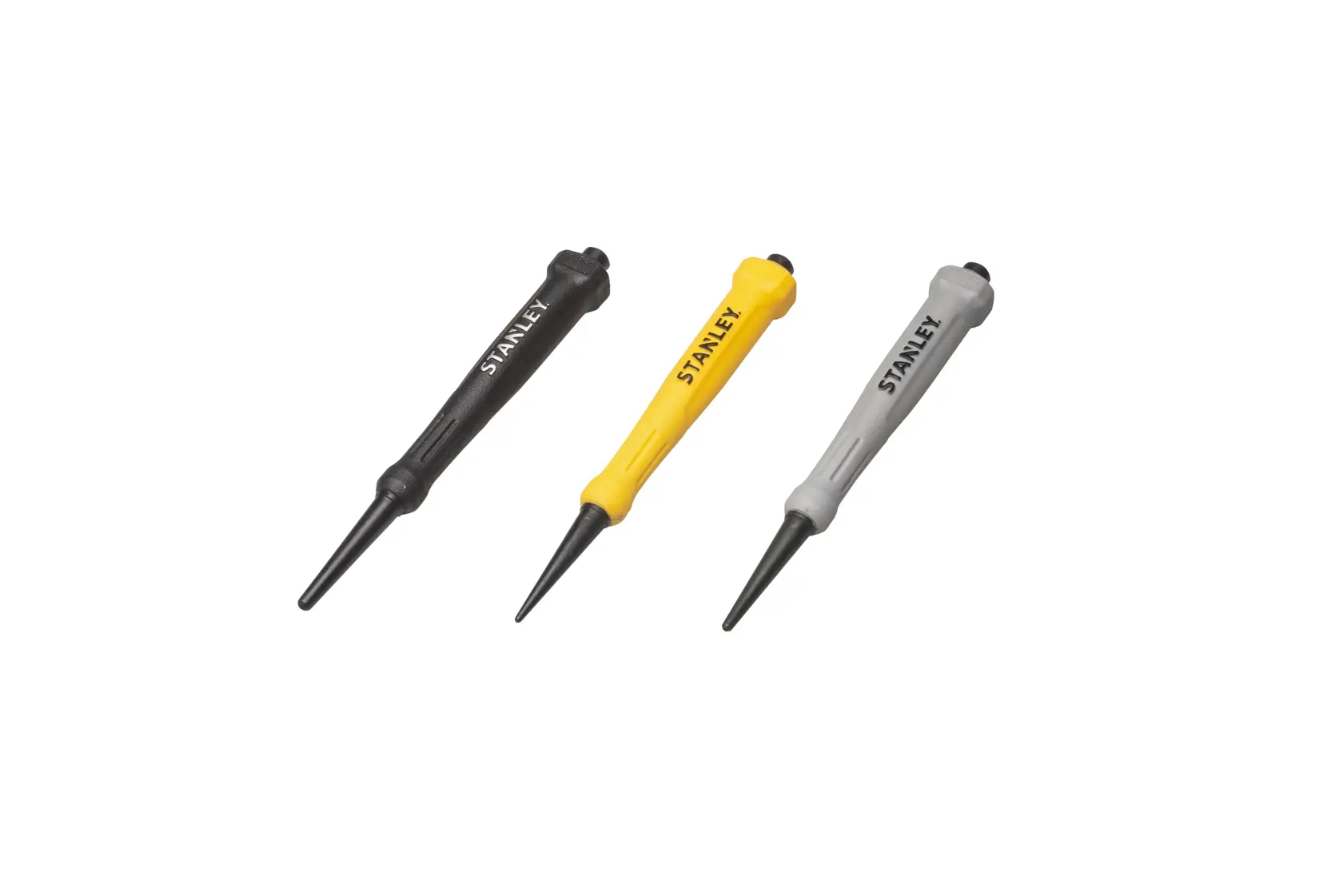 STANLEY 58-930 punch tool set, three pieces, red, gray, yellow handles, side angle, white background.