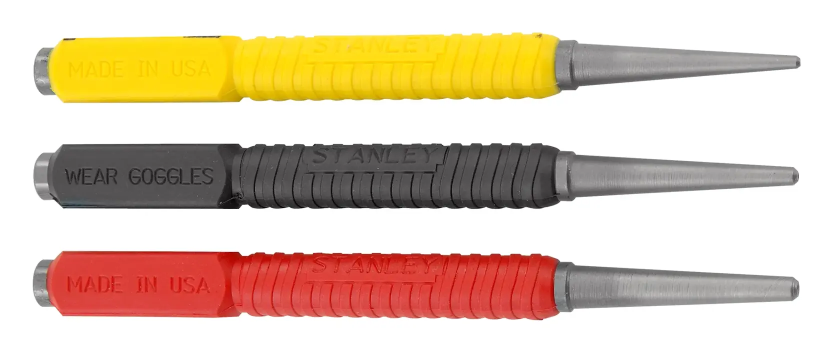 STANLEY 58-930 center punch set, three pieces with yellow, black, and red handles, side view on white background.