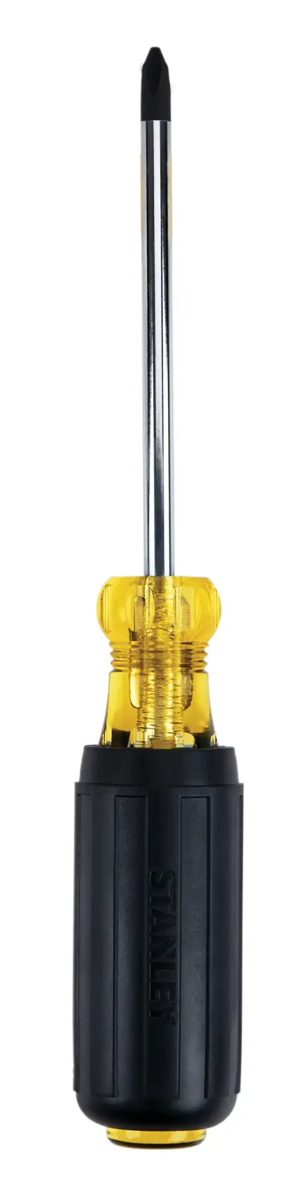 Photo of STANLEY 65-902 Phillips screwdriver with black and yellow handle, front angle on white background.