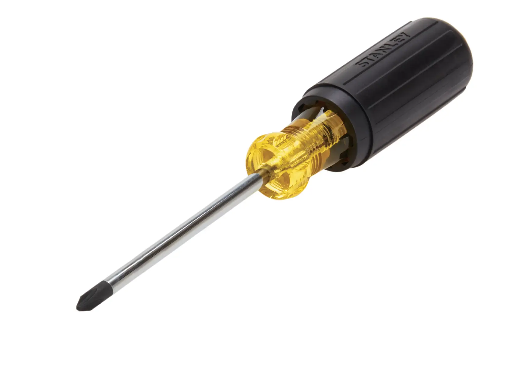 Stanley Phillips screwdriver with yellow transparent midsection and black handle, angled on white background.