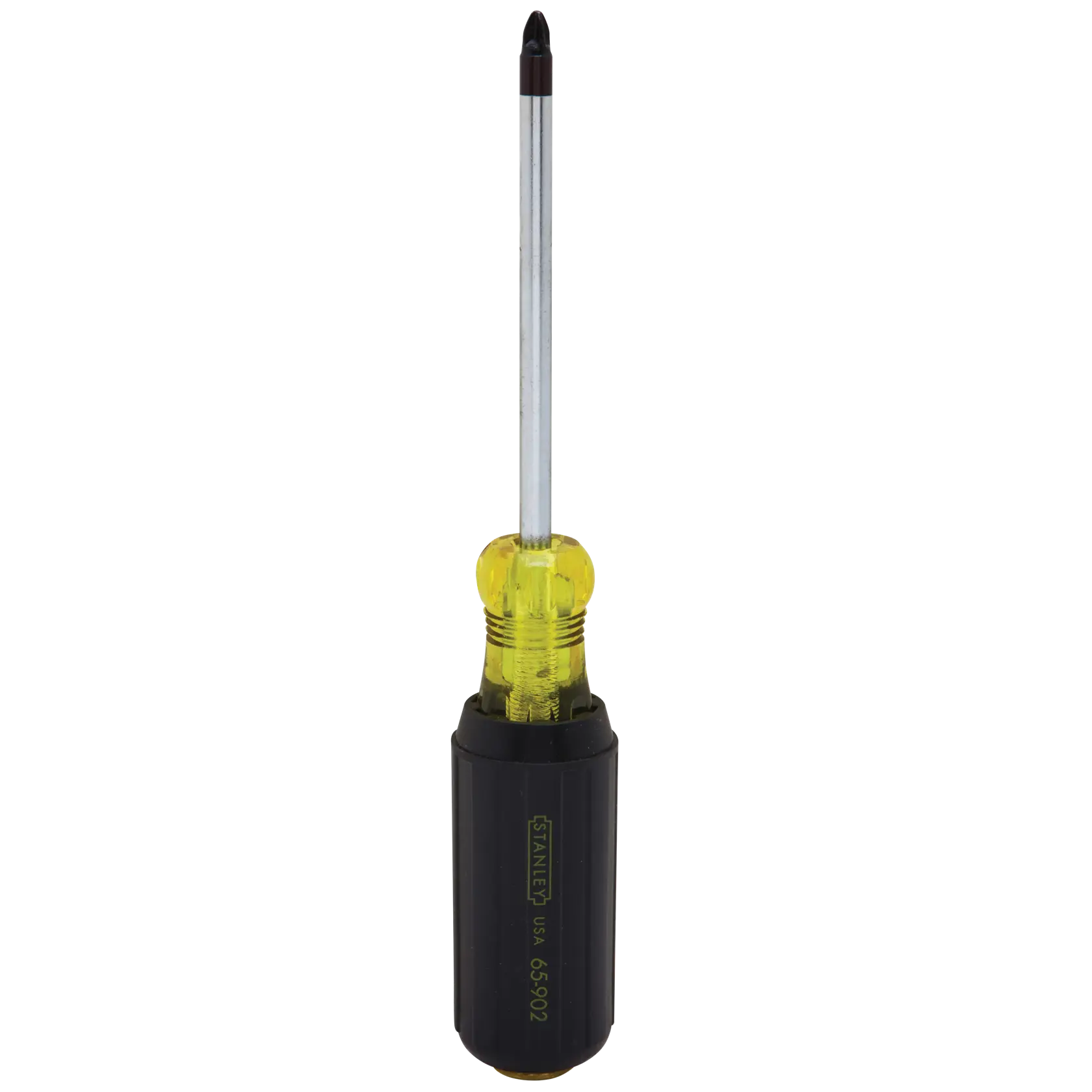 Stanley 65-902 Phillips screwdriver, yellow and black handle, straight-on photo, tool category.