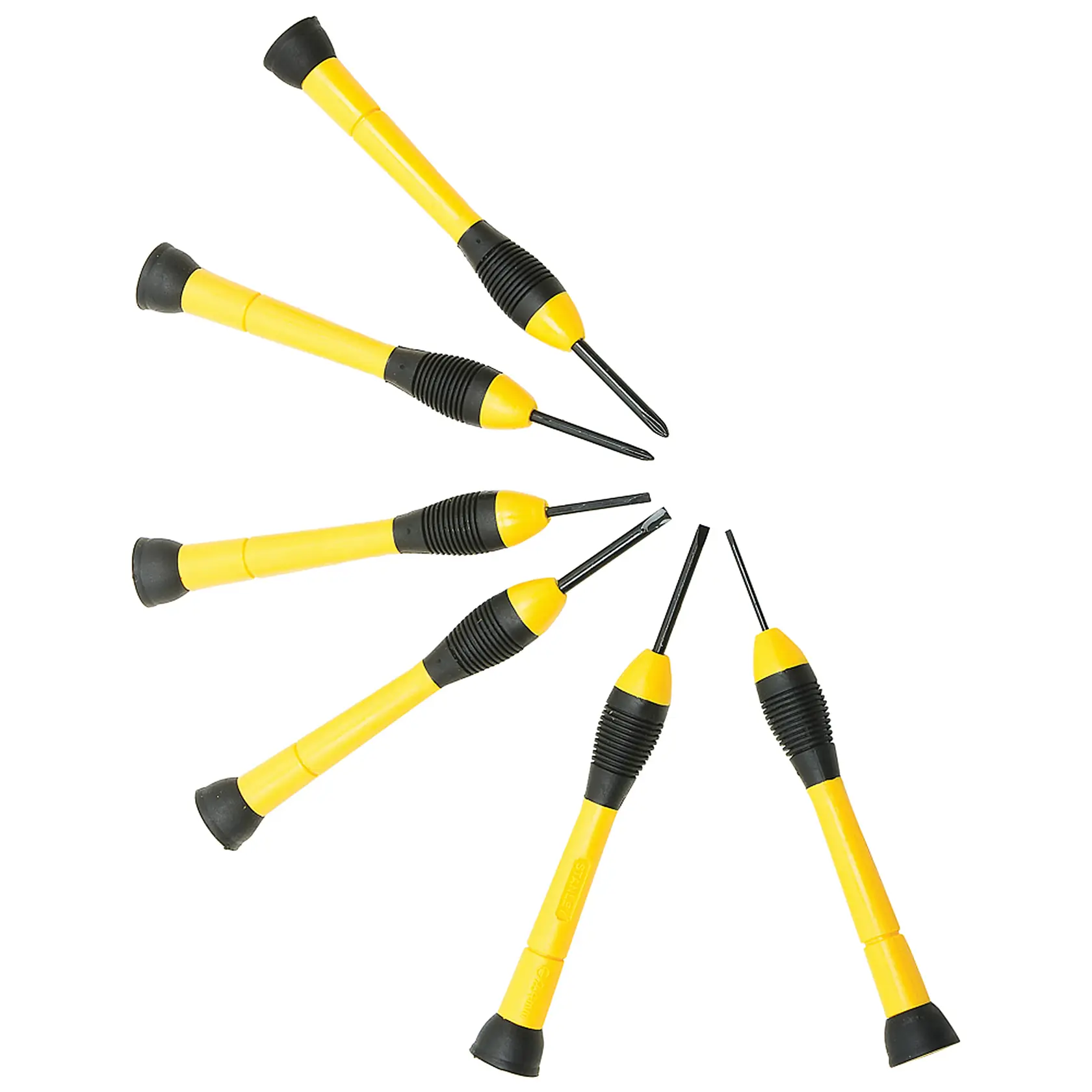 Stanley precision screwdriver set, six yellow and black screwdrivers, flat lay on white background