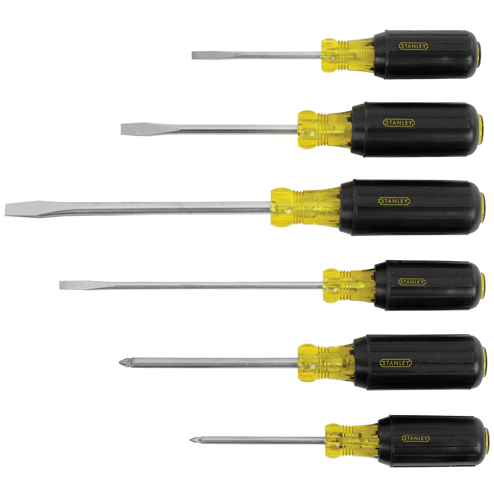 STANLEY 66-565 screwdriver set, six-piece, flathead and Phillips, black and yellow handles, top-down photo.
