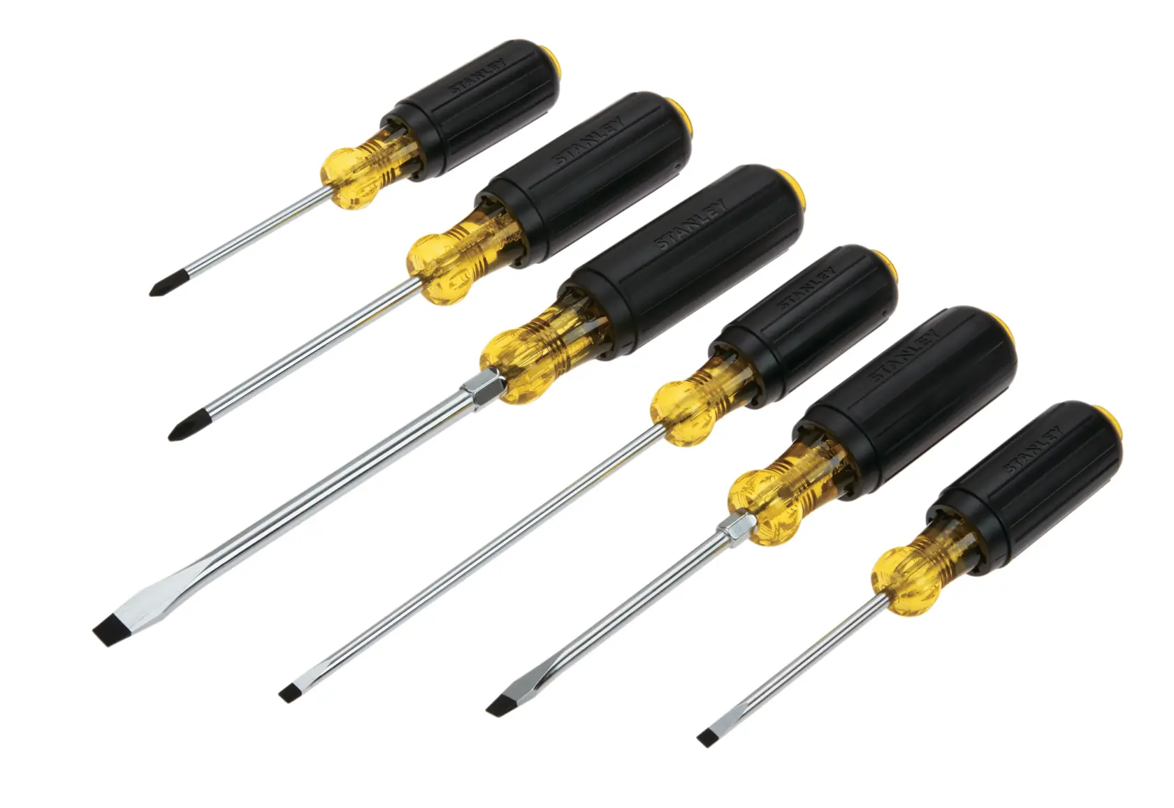 Stanley screwdriver set, six pieces, flat and Phillips heads with black and yellow handles, angled product shot