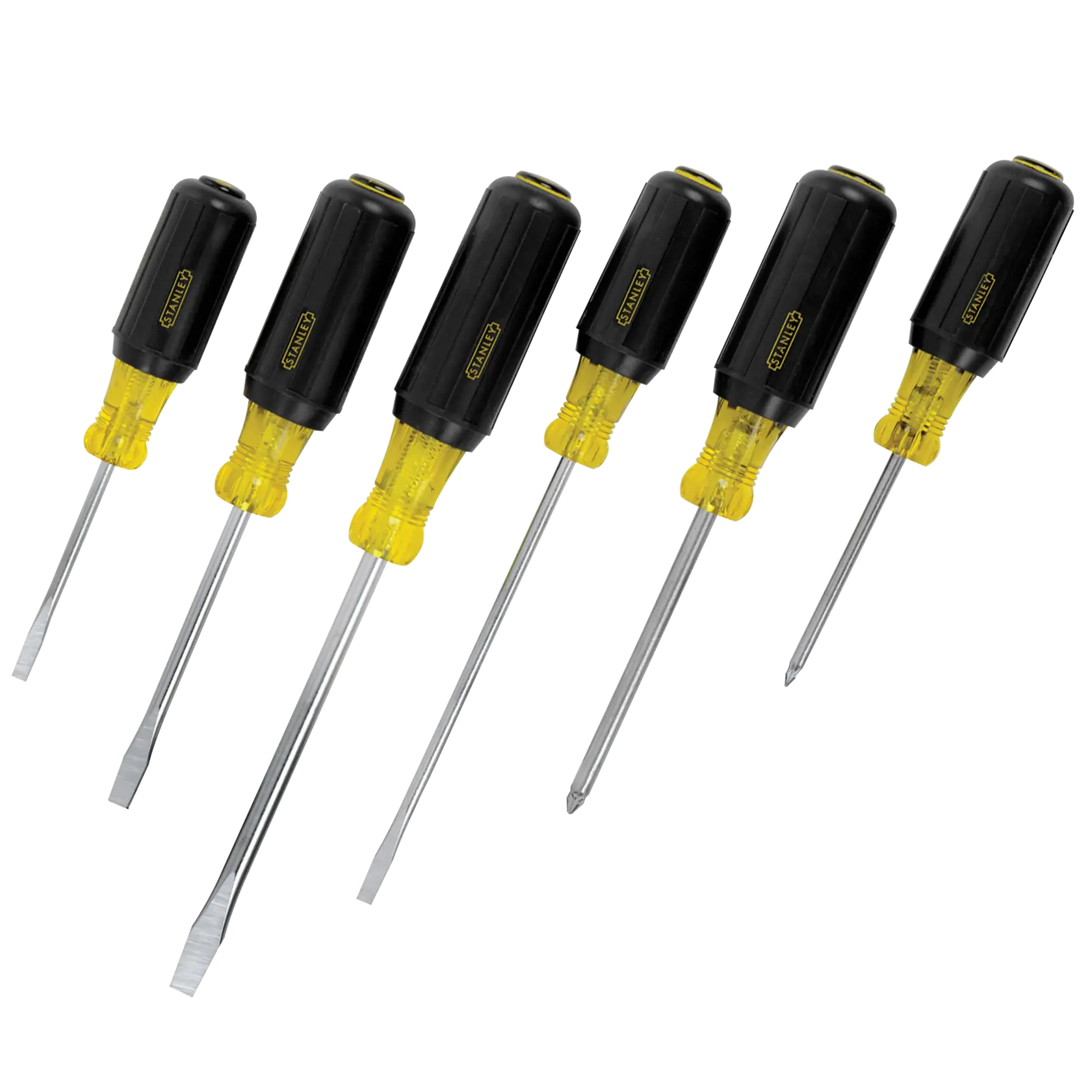 STANLEY 66-565 screwdriver set with black and yellow handles, six screwdrivers, front angle, white background.