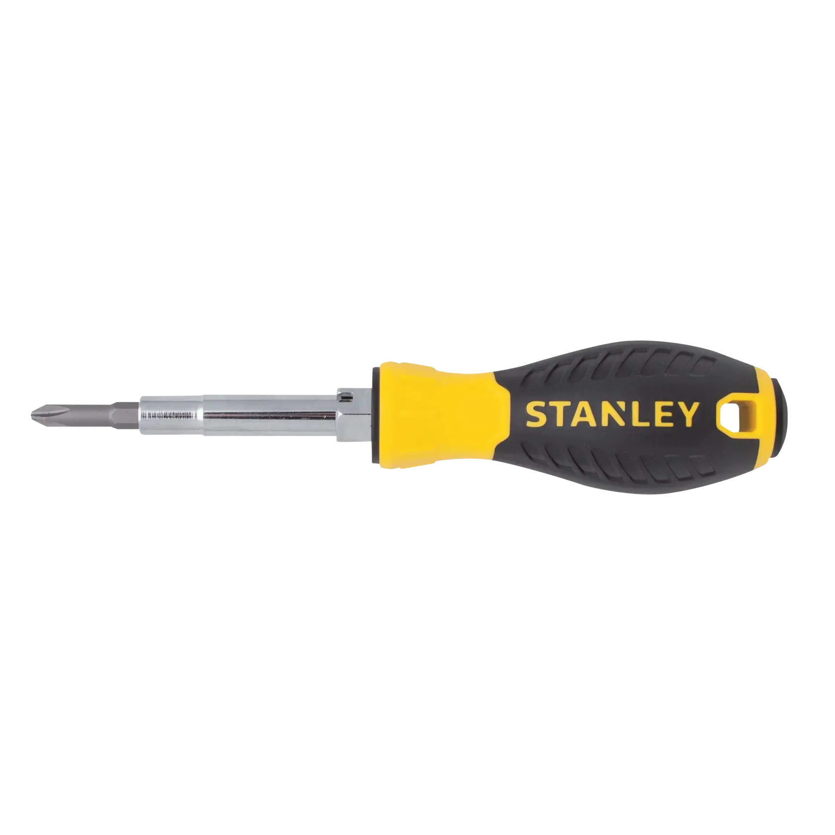 Stanley multi-bit screwdriver side view with yellow and black ergonomic handle on white background