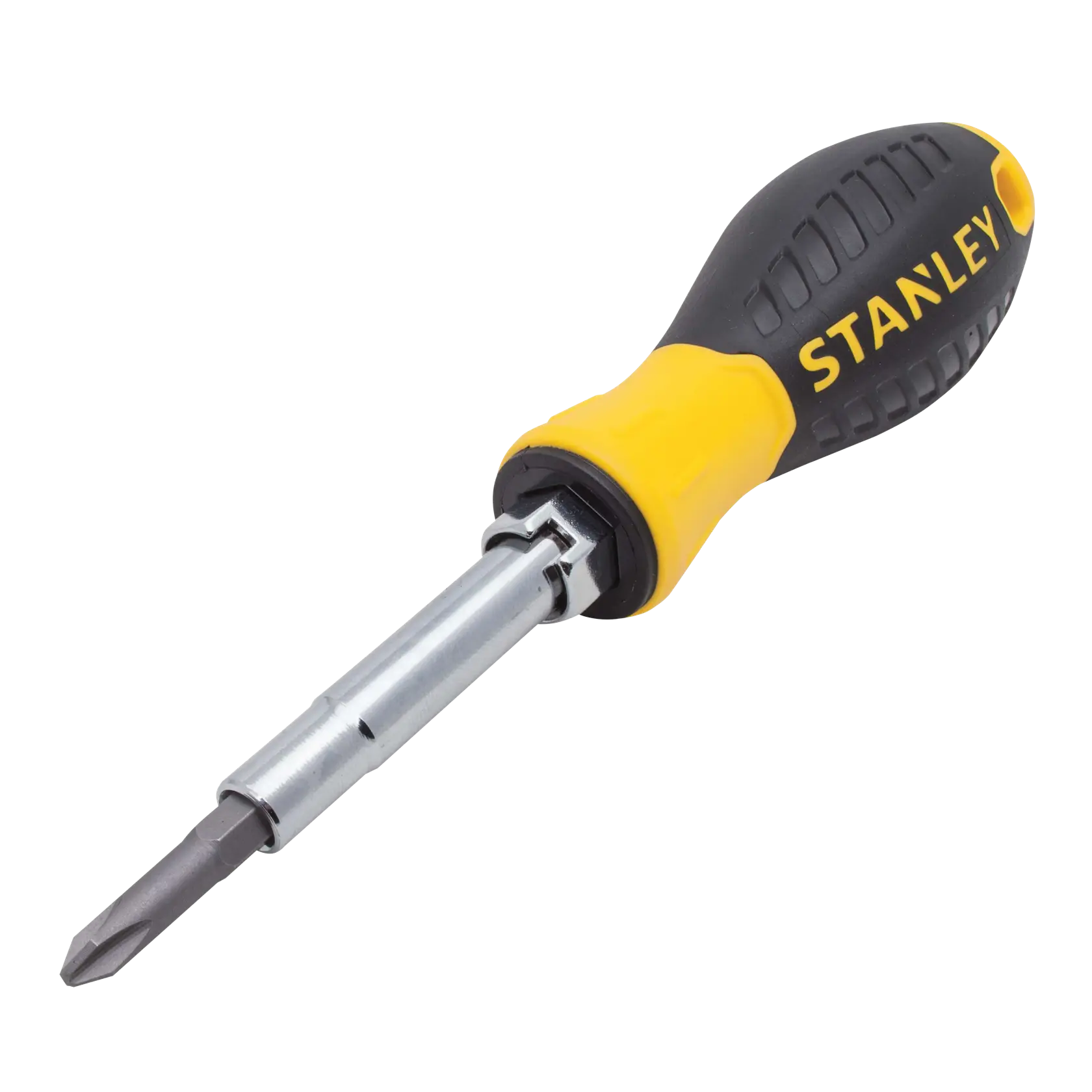 Stanley multi-bit screwdriver, angled view, with yellow and black handle and visible Phillips bit