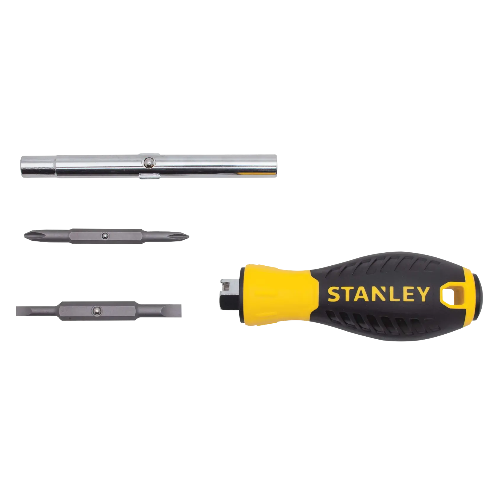 Stanley stubby screwdriver set, flat lay on white background with handle, shaft, and interchangeable bits