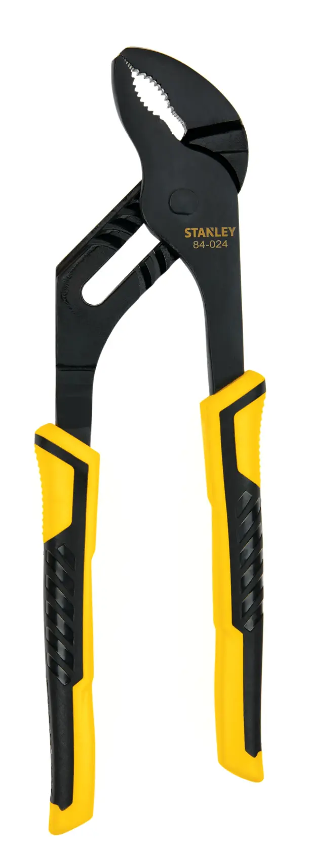 Stanley groove joint pliers with black jaws and yellow and black comfort grip handles, front angle on white background