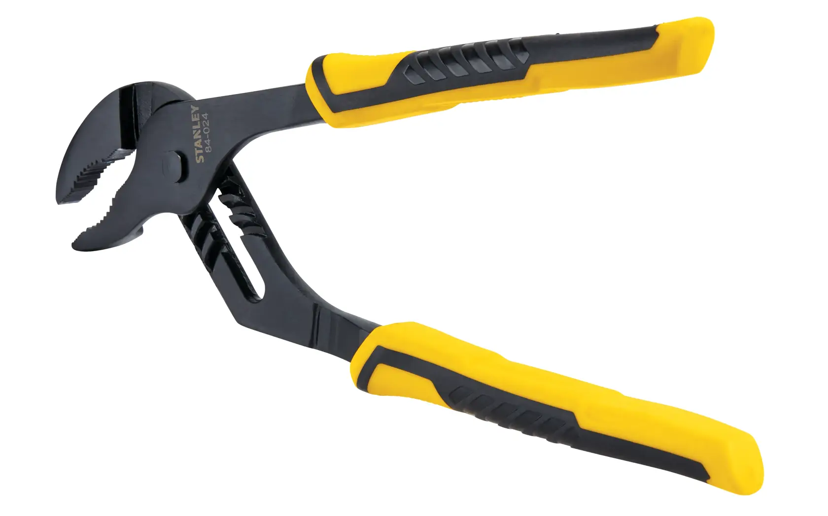 STANLEY groove joint pliers with black jaws and yellow-black non-slip handles, side angle on white background
