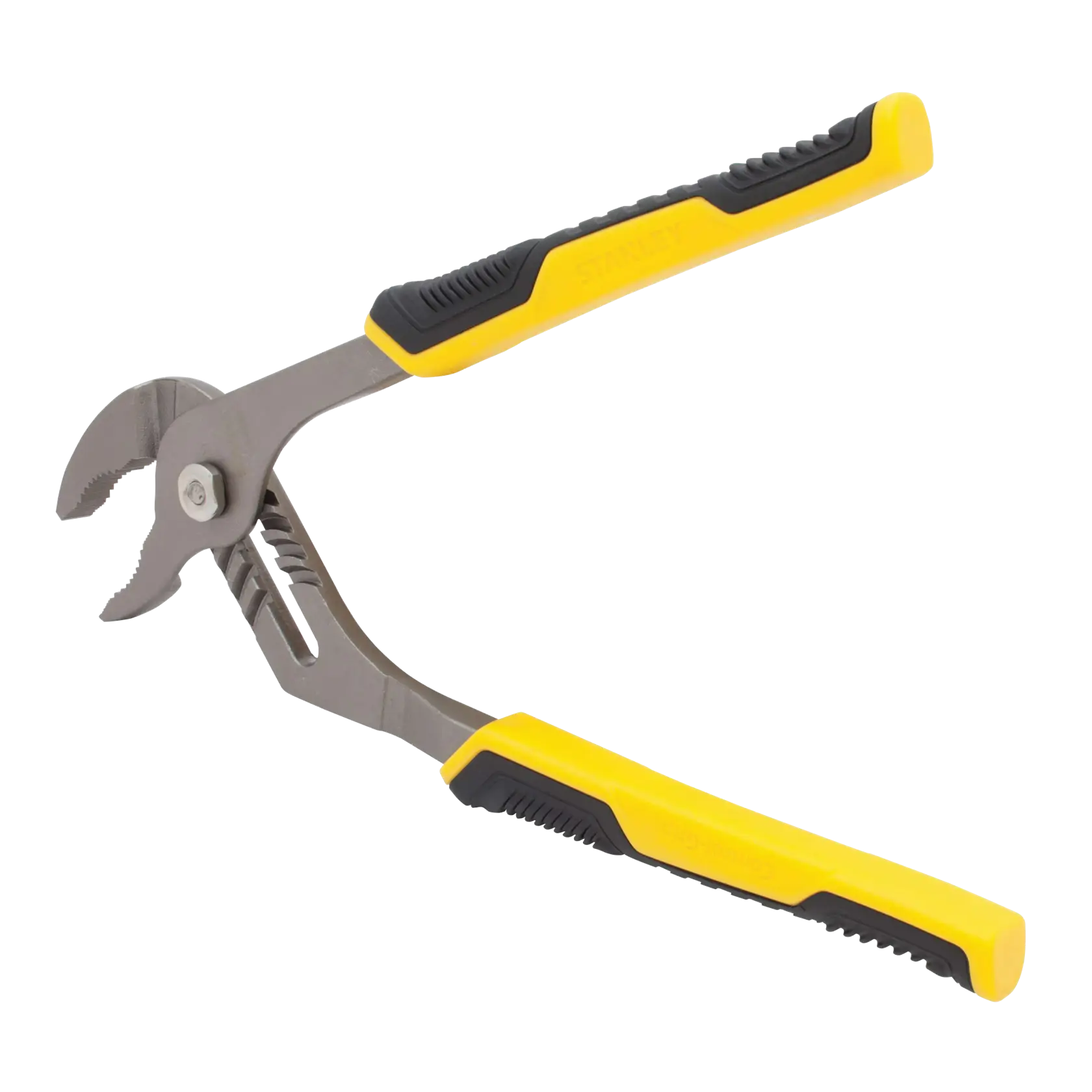STANLEY 84-024 adjustable groove joint pliers, yellow and black handle, side angle on white background.