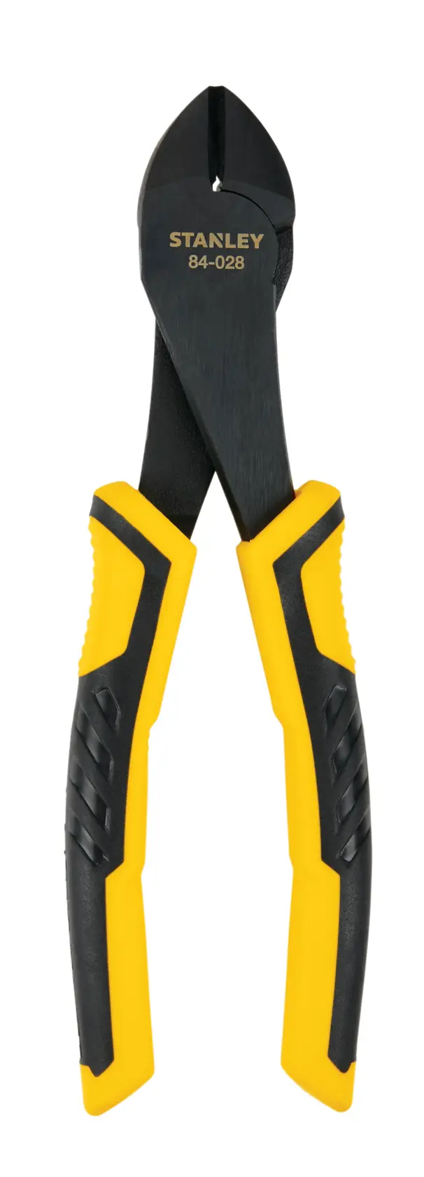 Stanley diagonal cutting pliers front view, black jaws, yellow and black ergonomic handles, white background