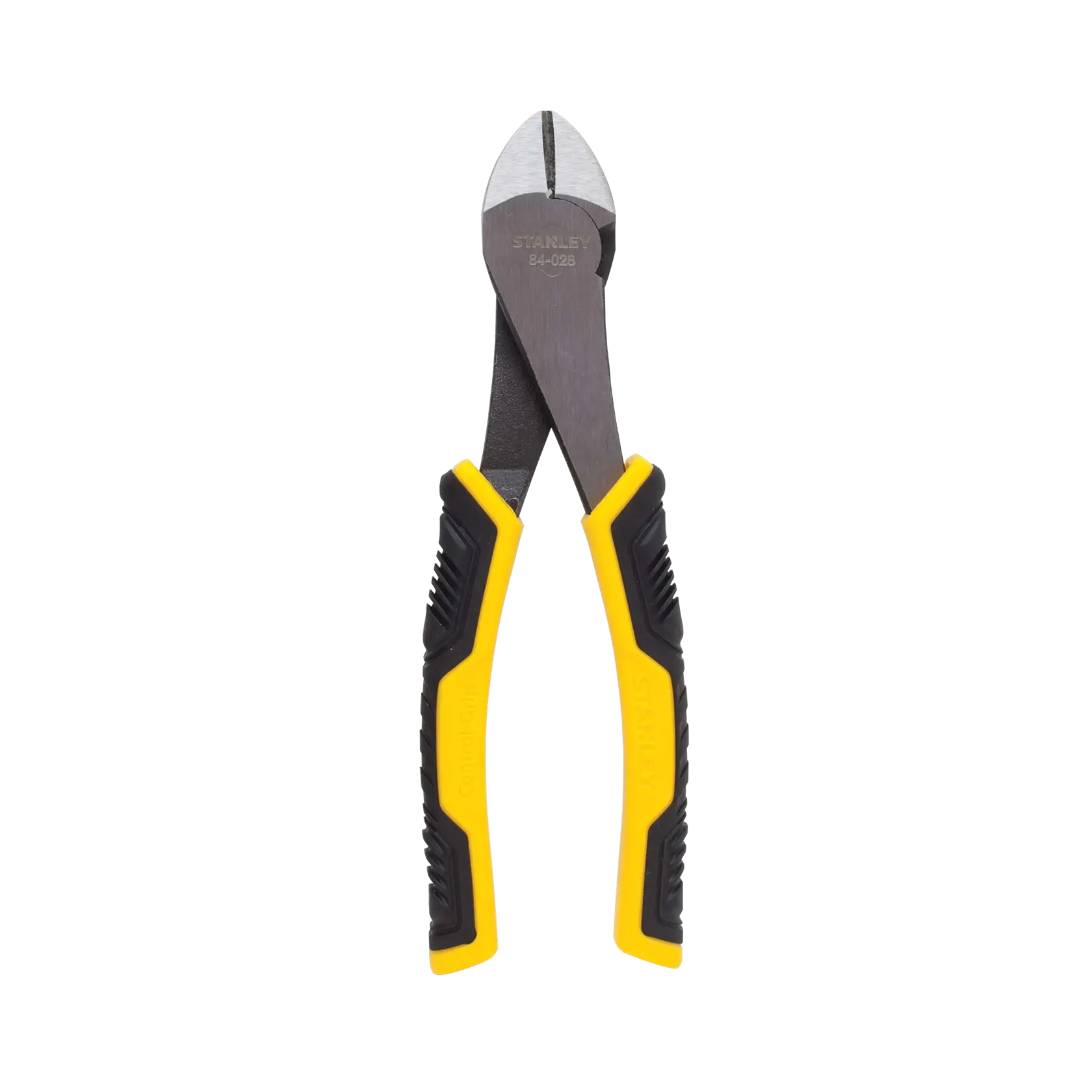 Front view of STANLEY diagonal cutting pliers with black and yellow handles on a white background