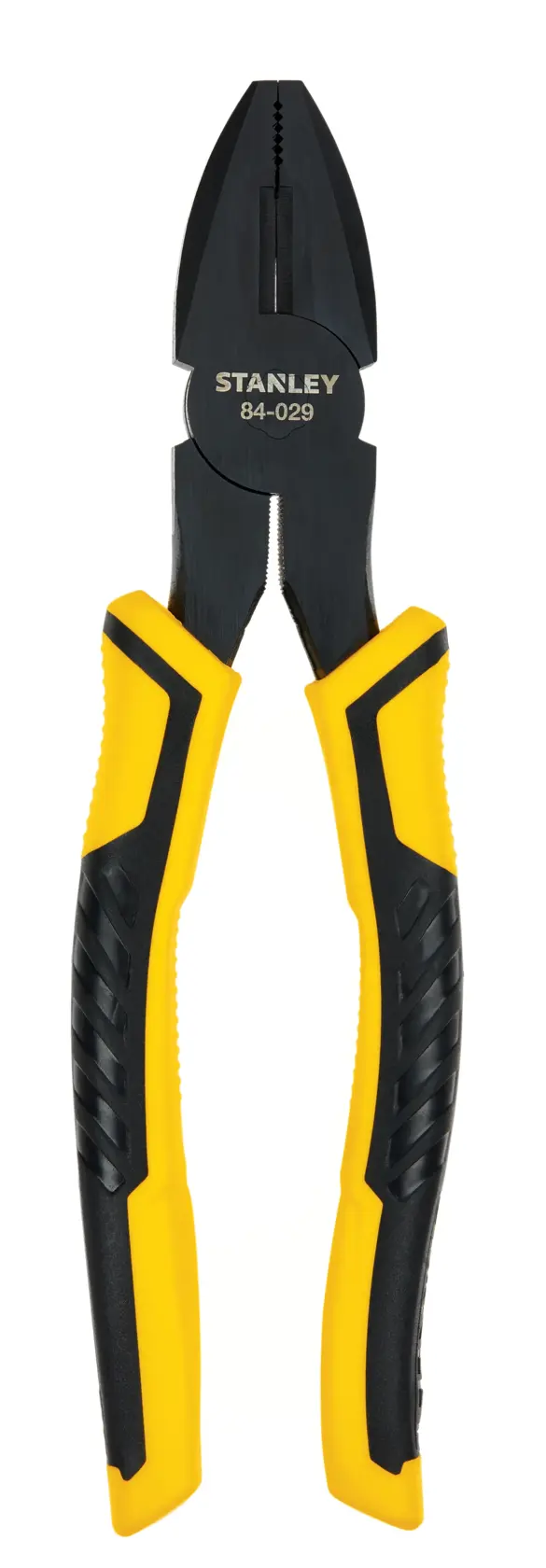 Stanley lineman's pliers with black and yellow ergonomic handles, front angle on white background