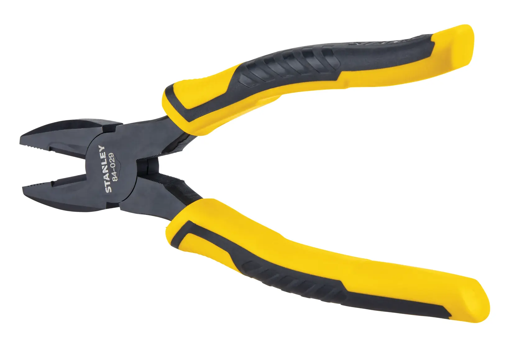 Stanley diagonal cutting pliers with black and yellow handles, top-down angle on white background.