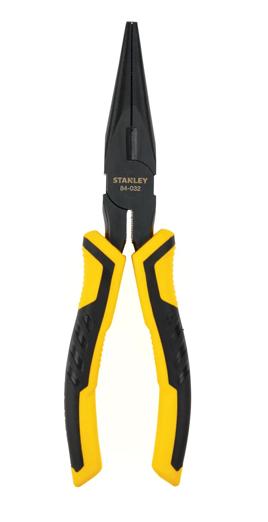 Stanley long nose pliers, SKU 84-032, front angle, black metal jaws with yellow and black ergonomic handles