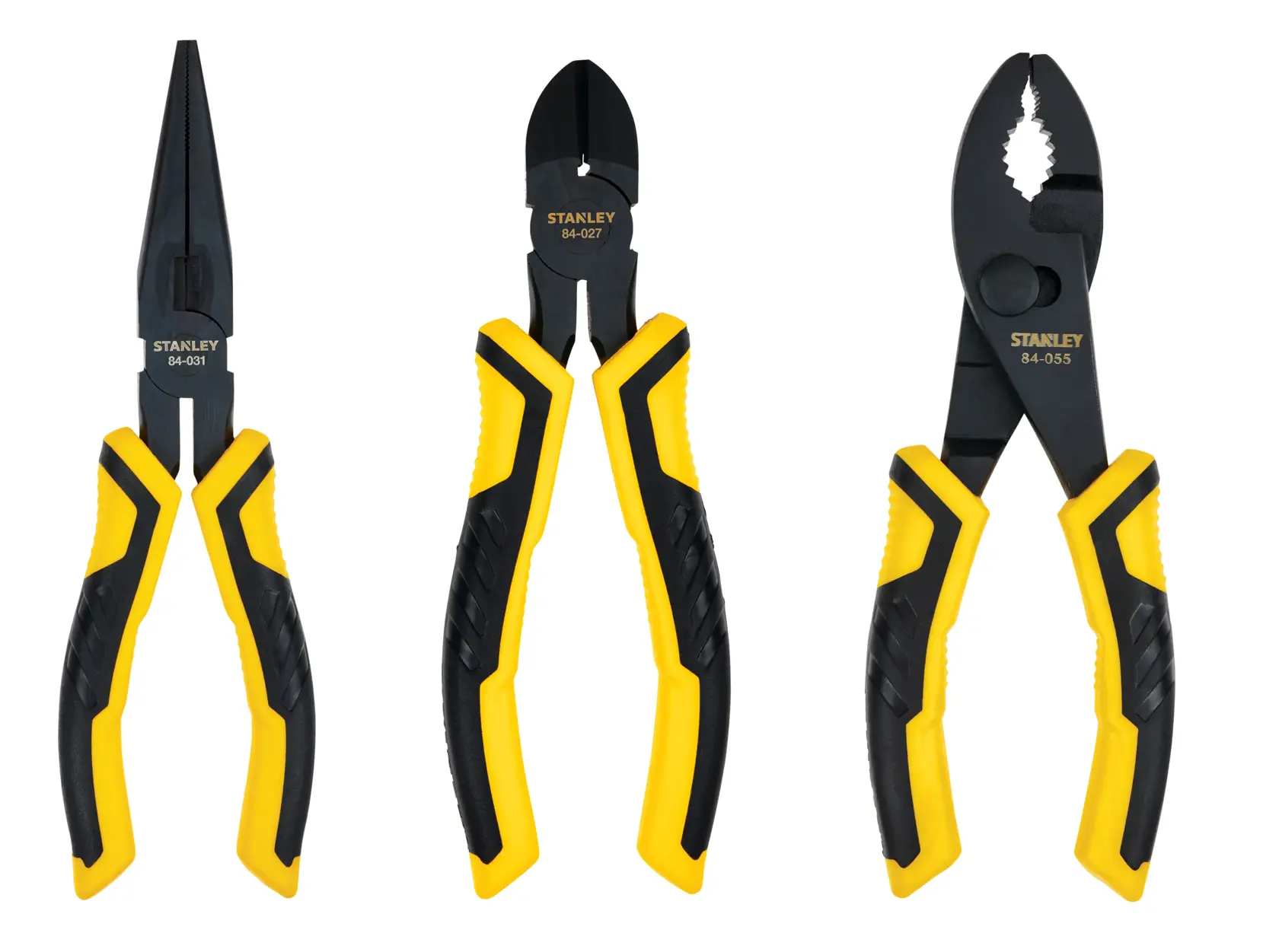 Stanley pliers set with three types, black and yellow handles, front view on white background
