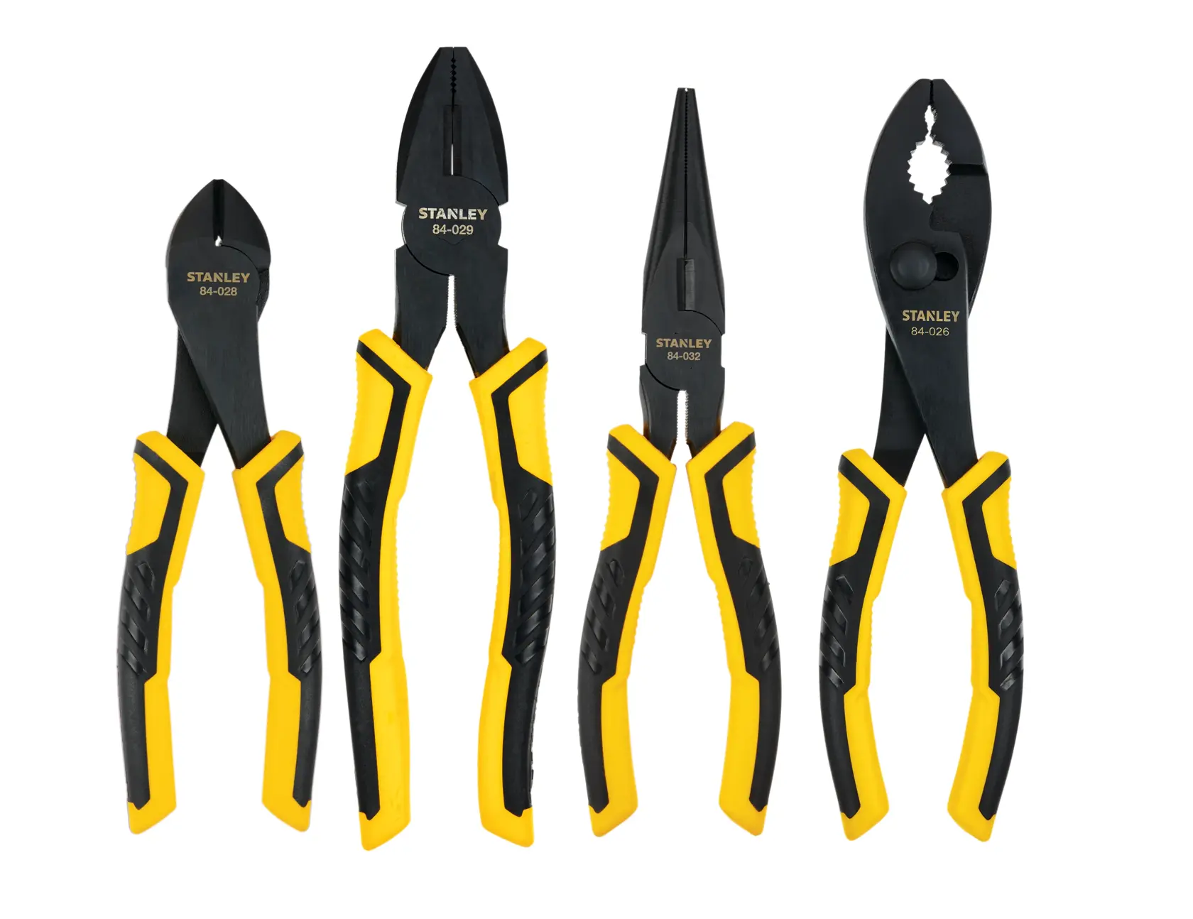 Stanley four-piece pliers set with black and yellow handles, front view on white background