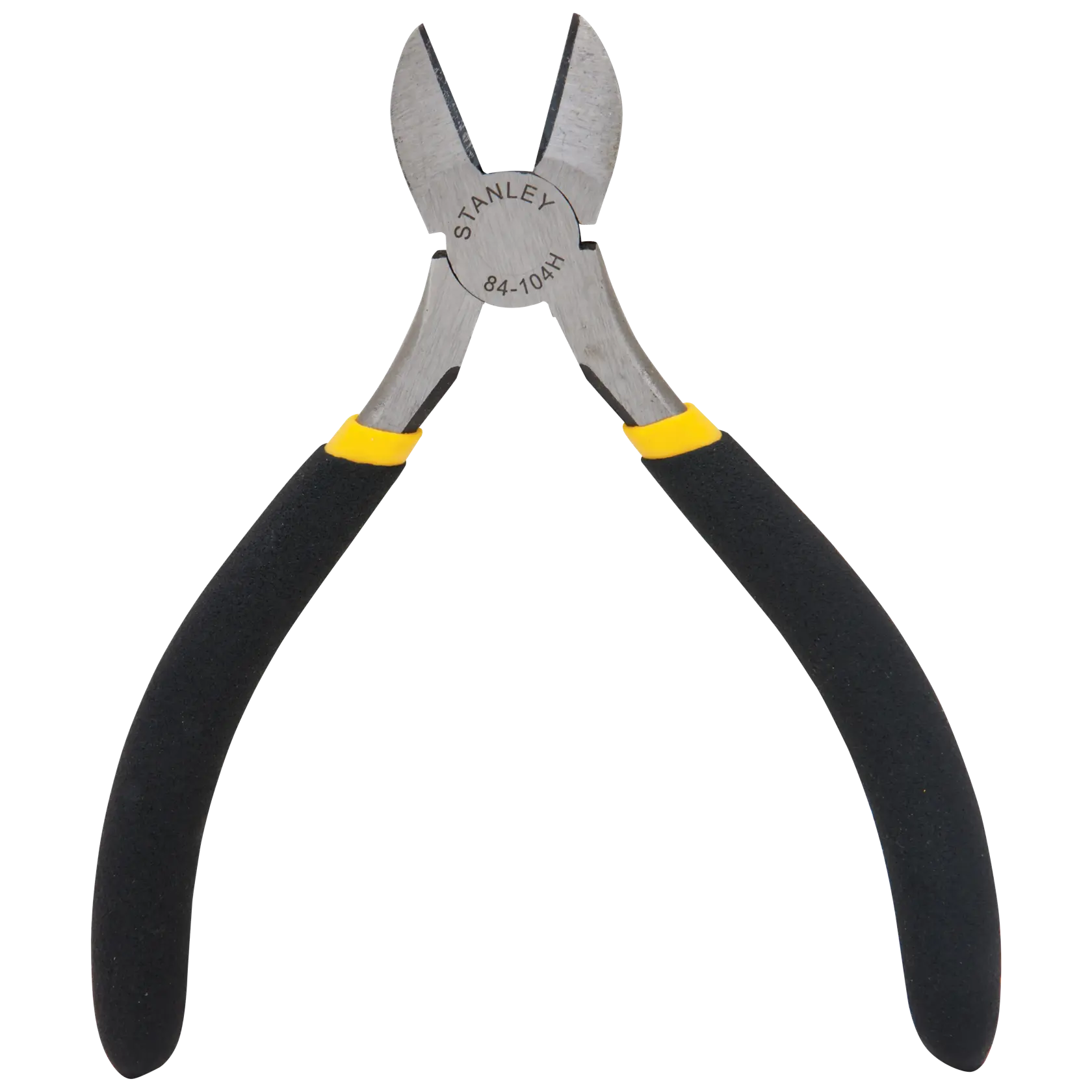 Stanley side angle of diagonal cutting pliers with black and yellow handles on white background