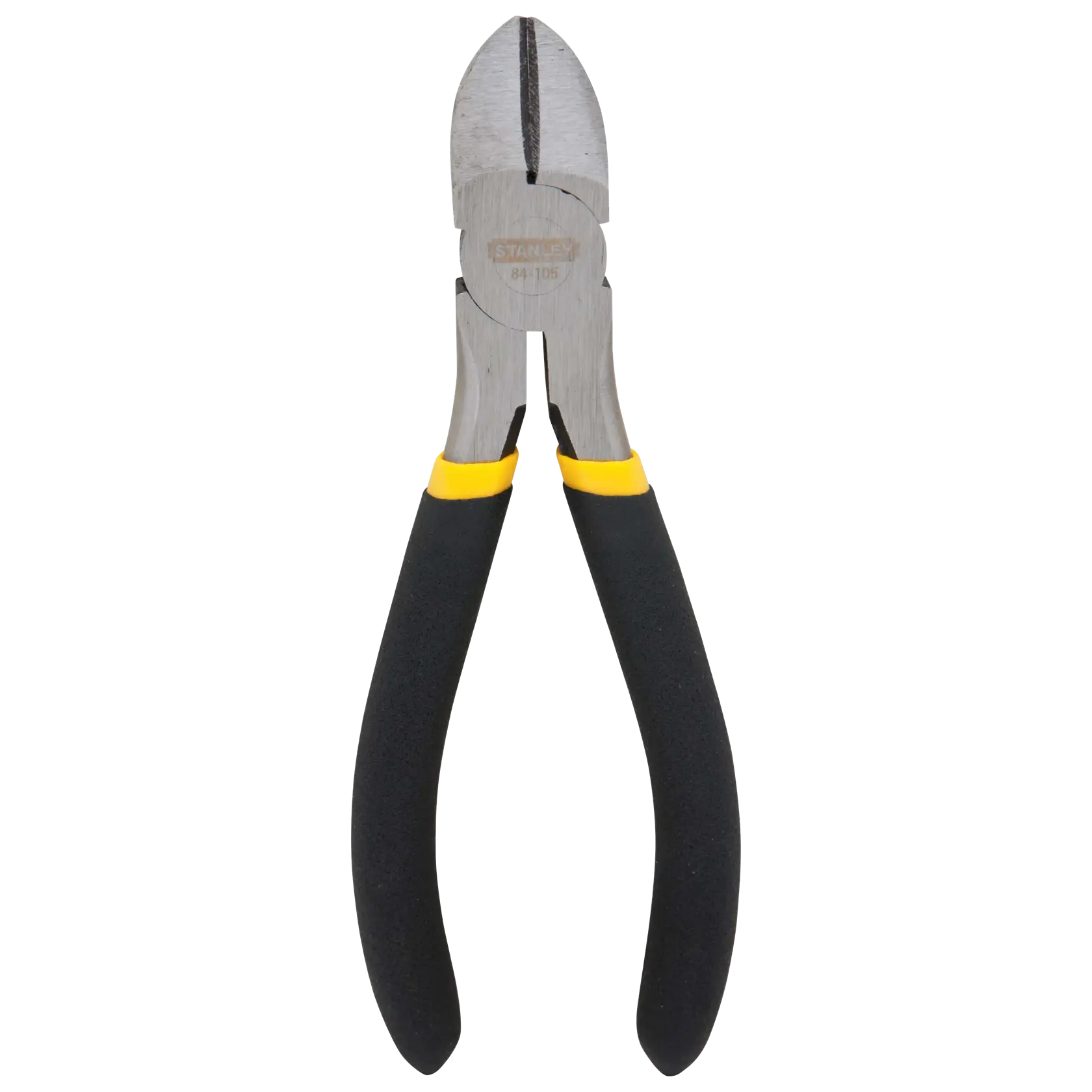 Stanley diagonal cutting pliers with black and yellow handles, front angle on white background