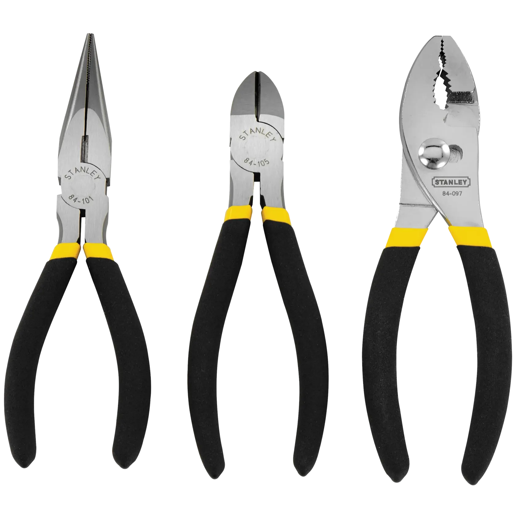 Stanley three-piece pliers set with black and yellow handles, front view on white background