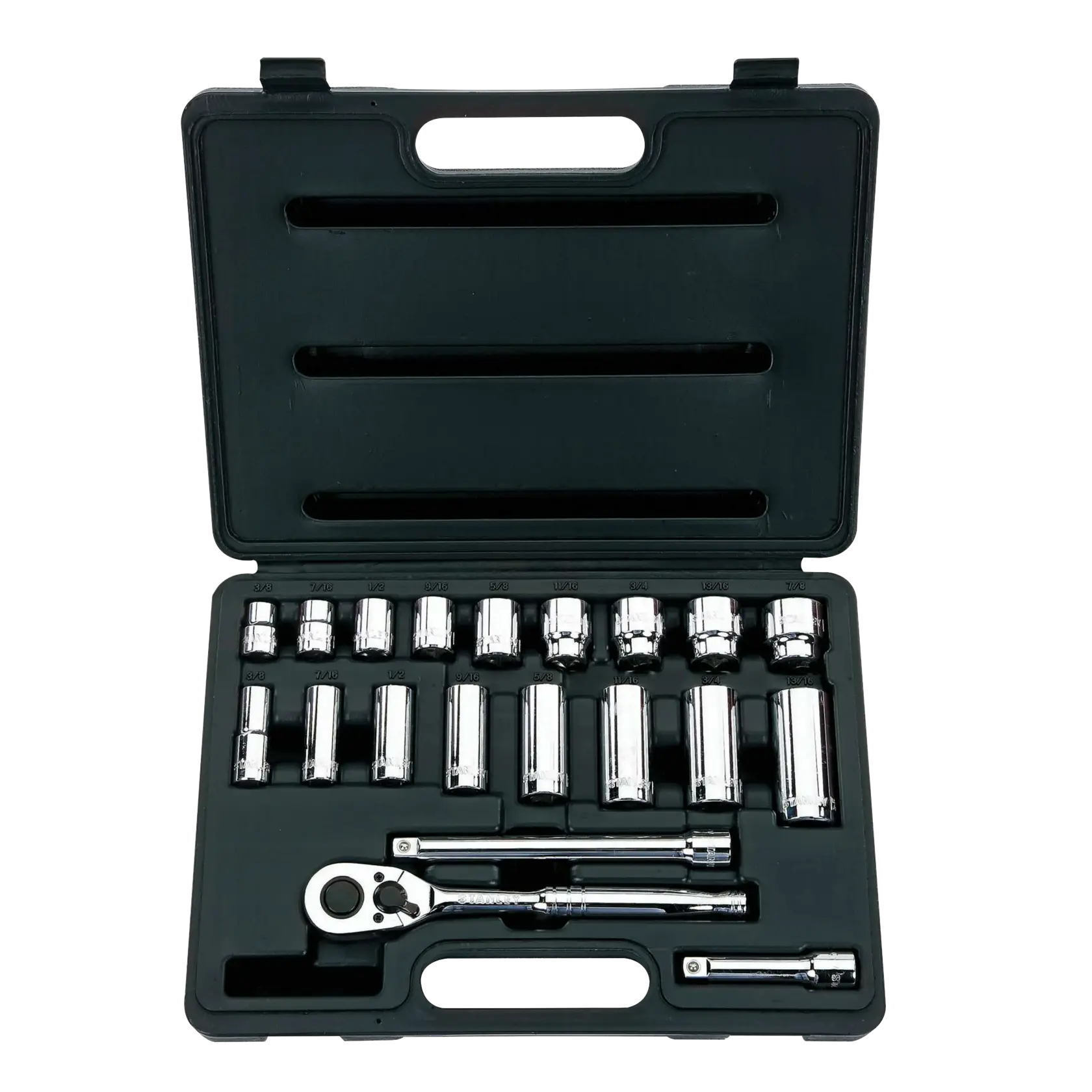 Stanley socket wrench set with ratchet and extensions in black case, top view on white background