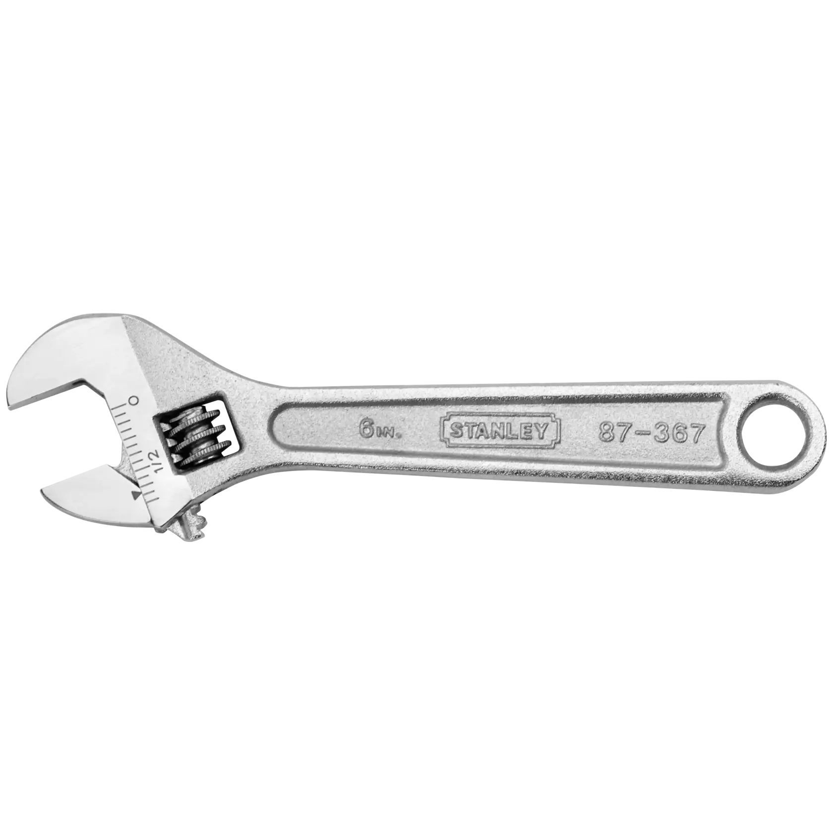 Stanley adjustable wrench, 6-inch, side view on white background with measurement markings and hole in handle