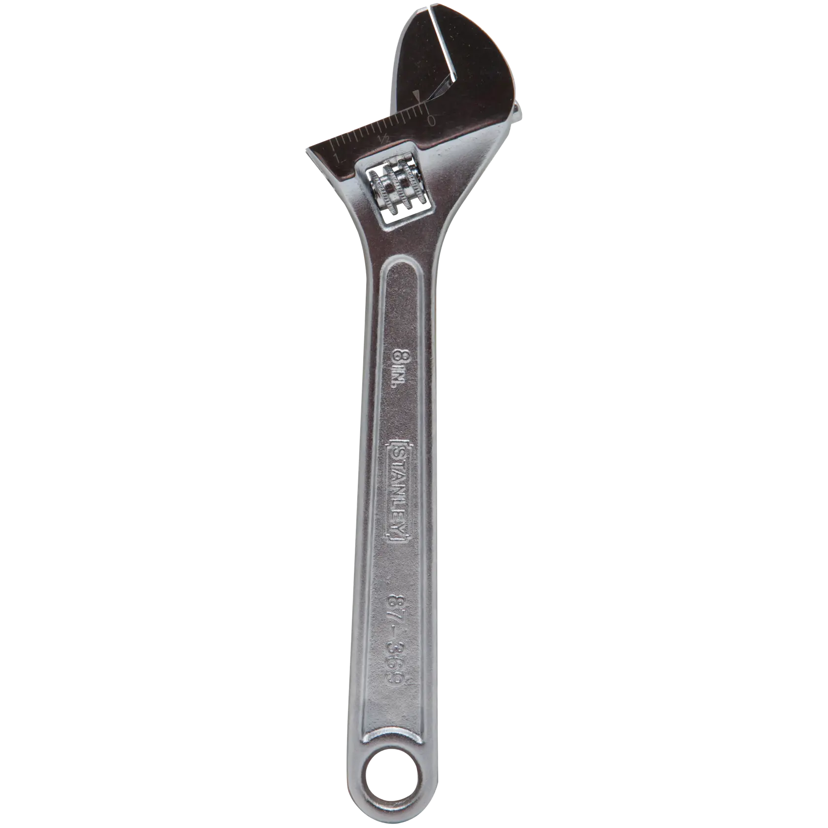 Stanley adjustable wrench, silver finish, front view, 8-inch size, metric markings, white background