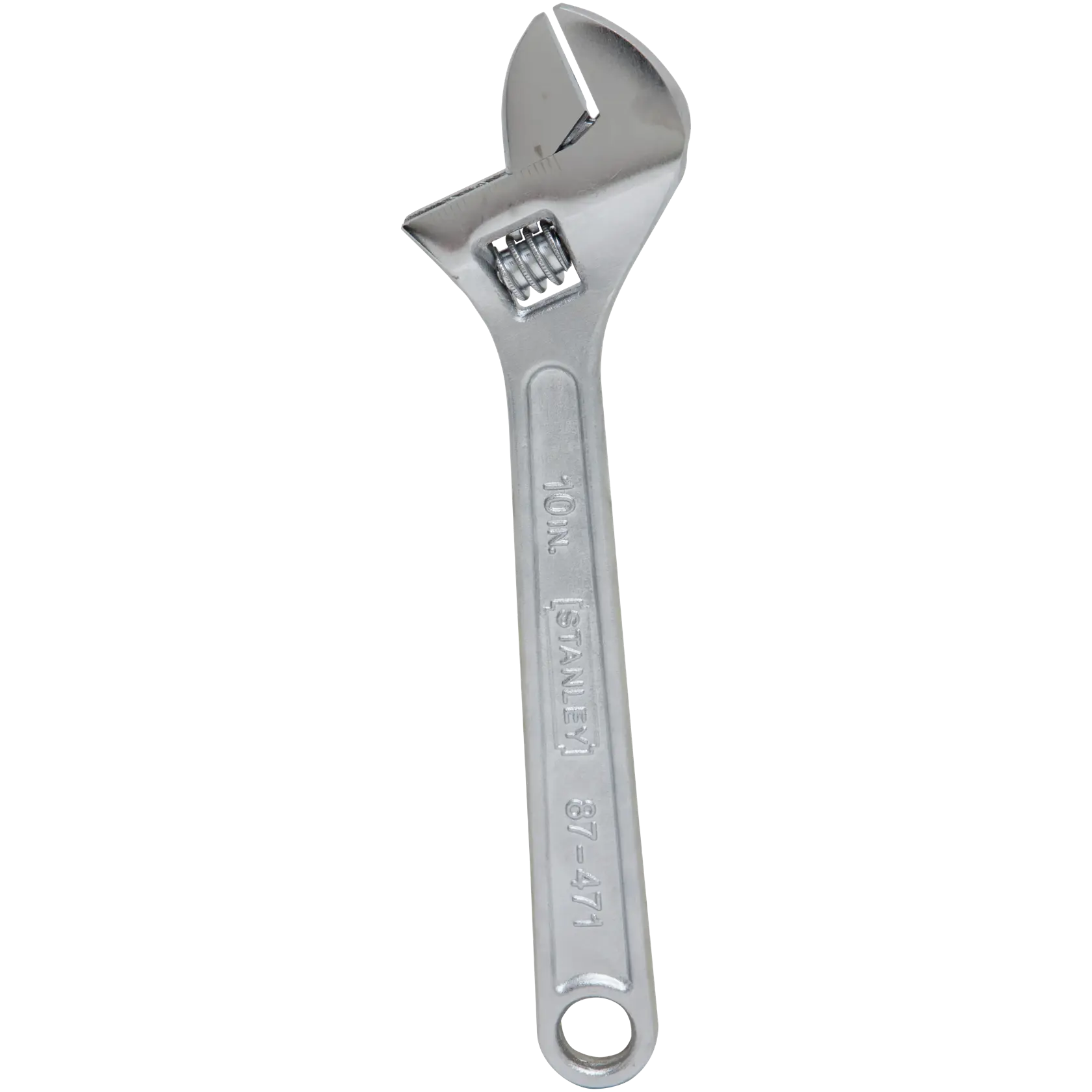 Front angle view of a STANLEY adjustable wrench, 10-inch, silver finish, SKU 87-471 on white background.