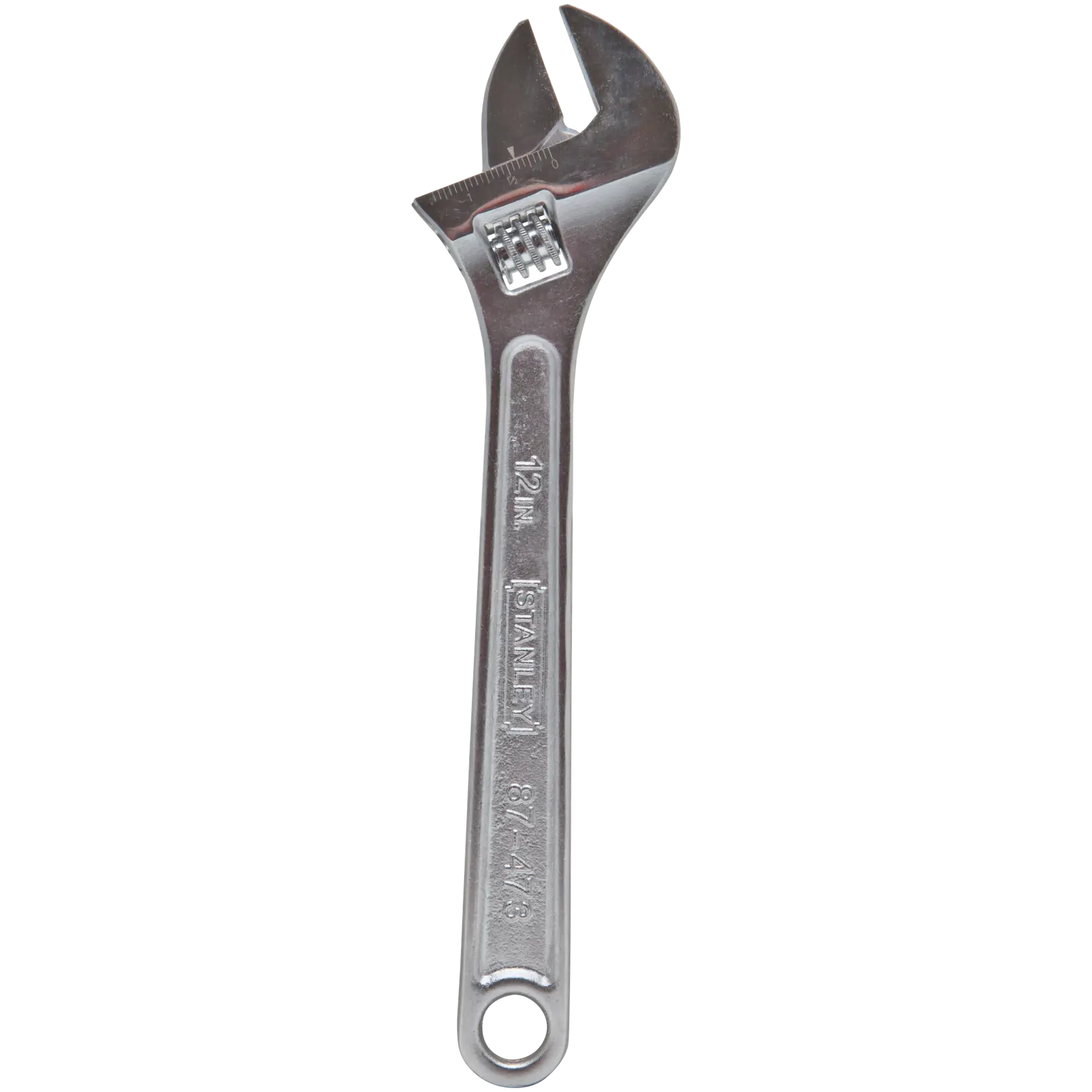 Stanley adjustable wrench front view, silver metal, 12-inch size with measurement markings and round hole in handle