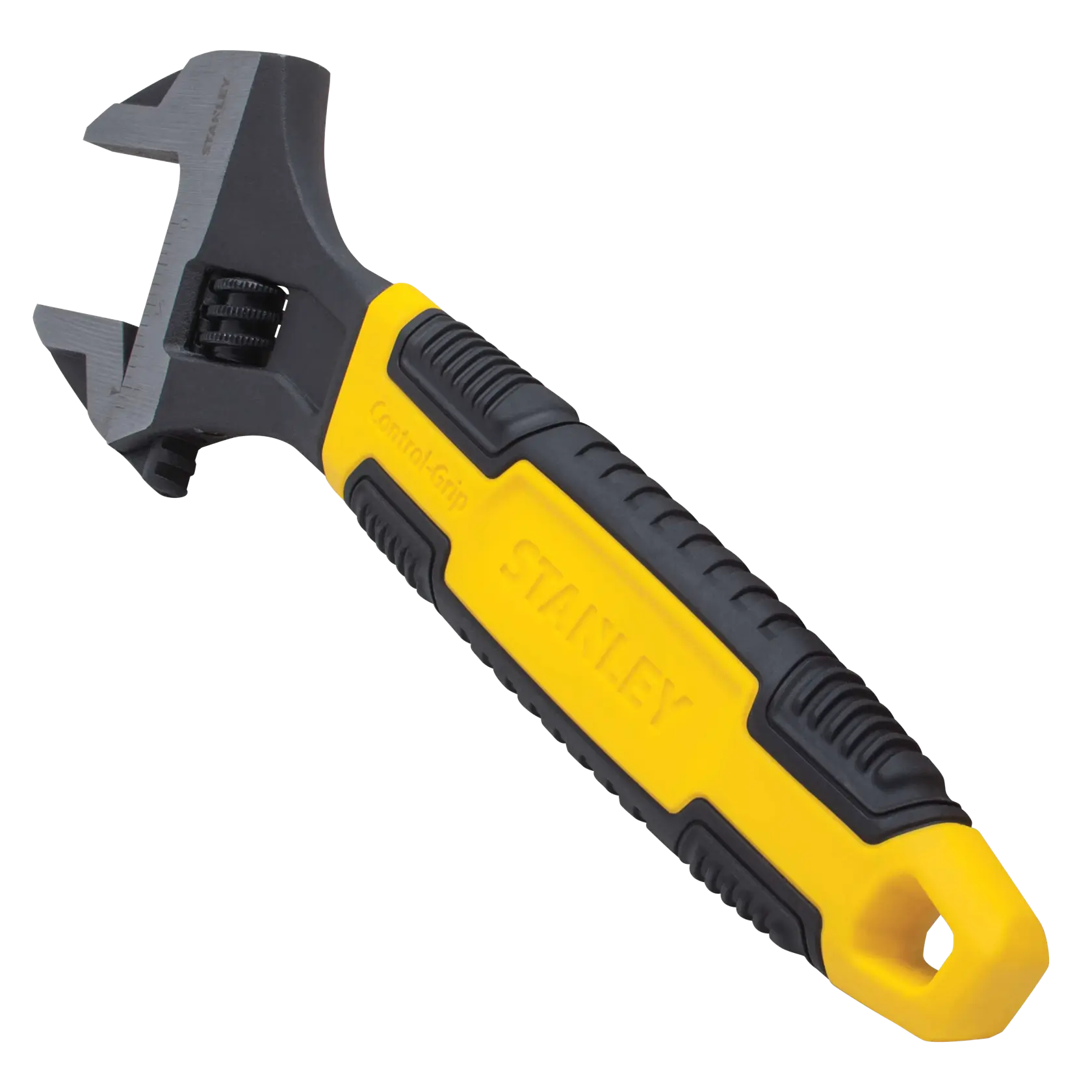 Stanley adjustable wrench with yellow and black control-grip handle, angled view on white background