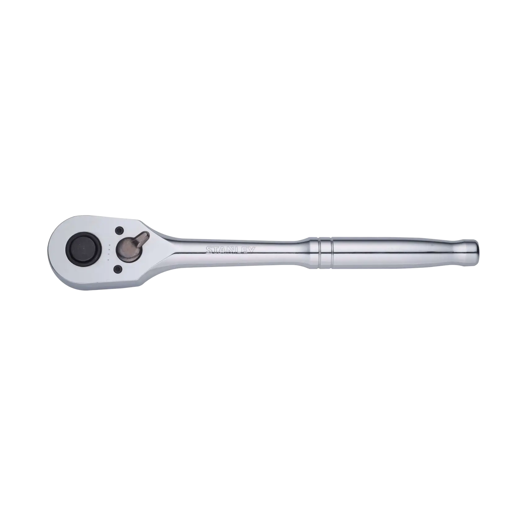 Stanley chrome finish ratchet wrench top view on white background