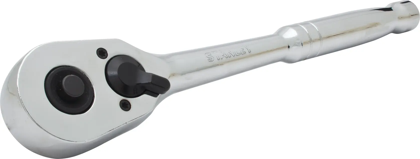 Photo of STANLEY 91-930 polished chrome ratchet wrench on white background, angled view.