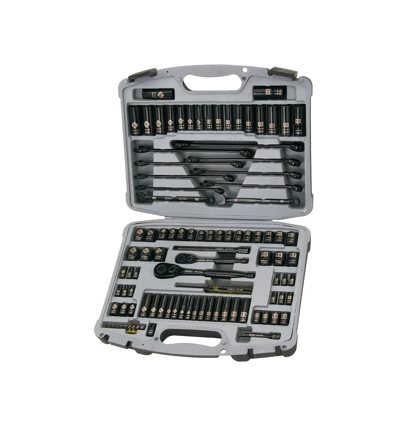 STANLEY 92-839 socket and ratchet set in gray carrying case, photography from top angle.