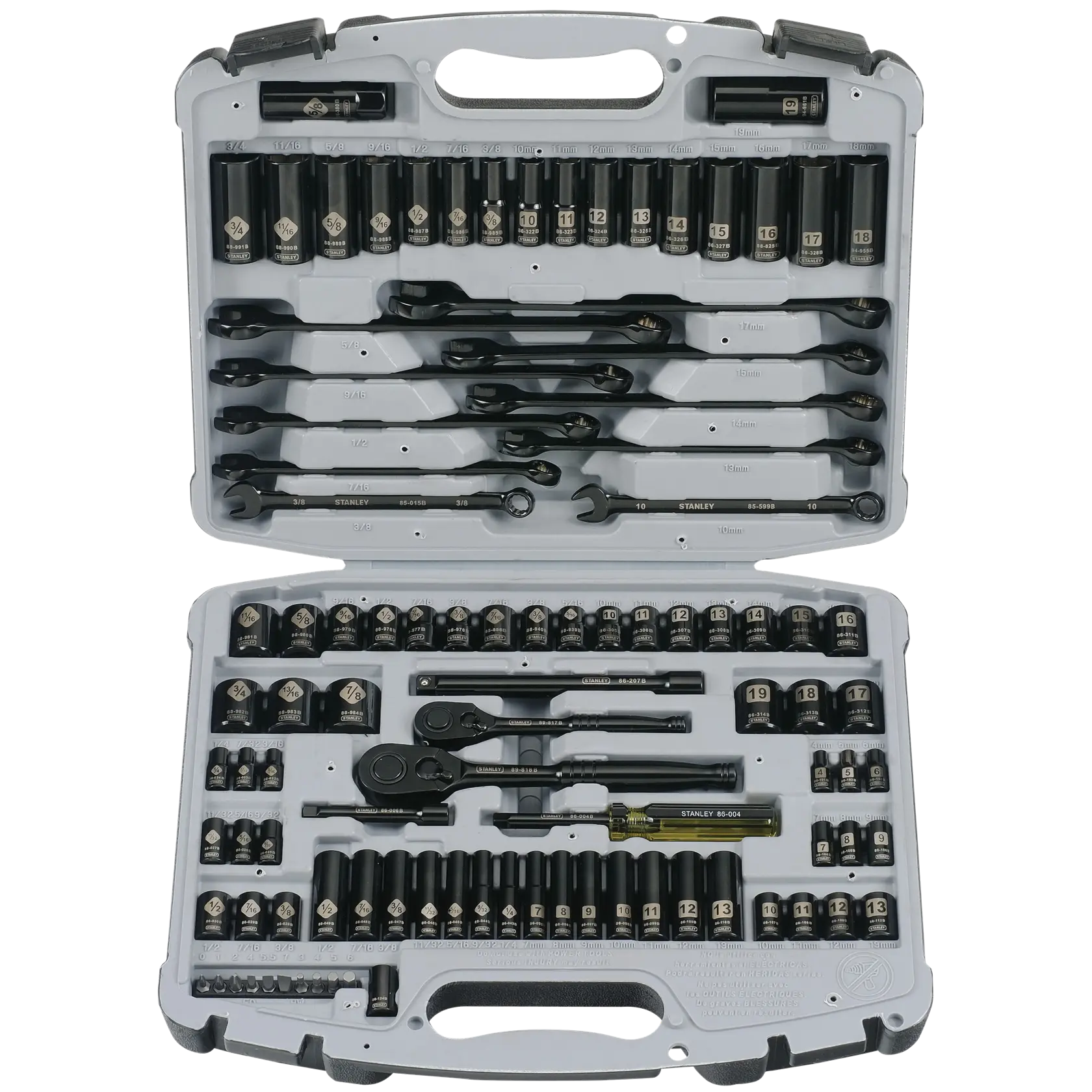 Stanley tool set with ratchets, sockets, wrenches in an open gray carrying case, top-down angle.