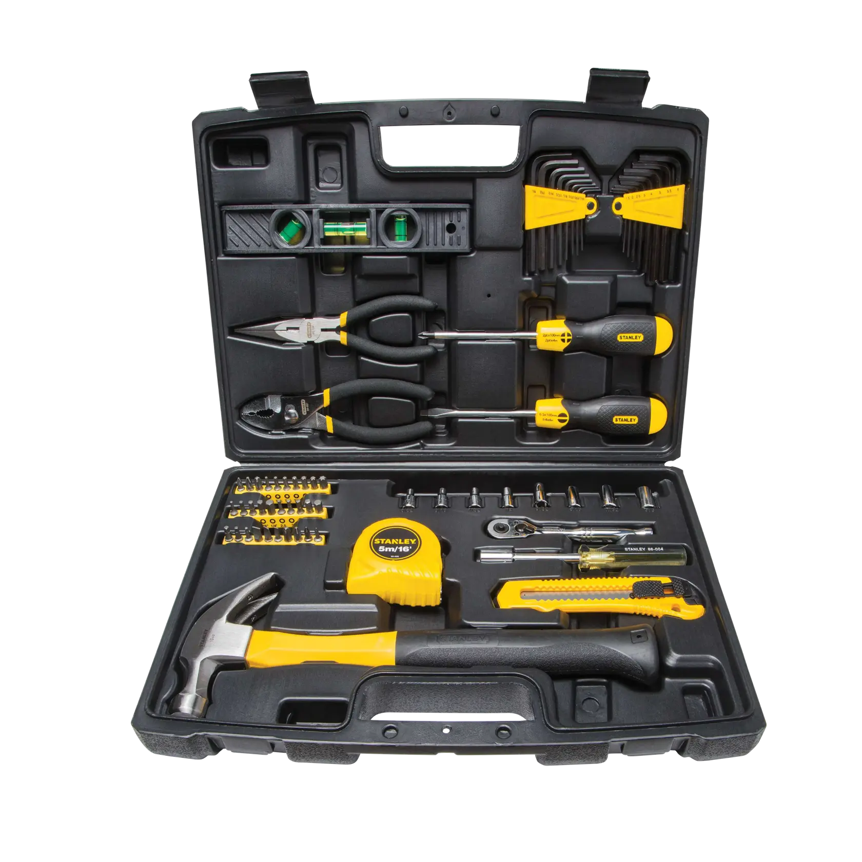 Stanley tool set in a black case with hammer, screwdrivers, pliers, tape measure, hex keys, and utility knife, front view