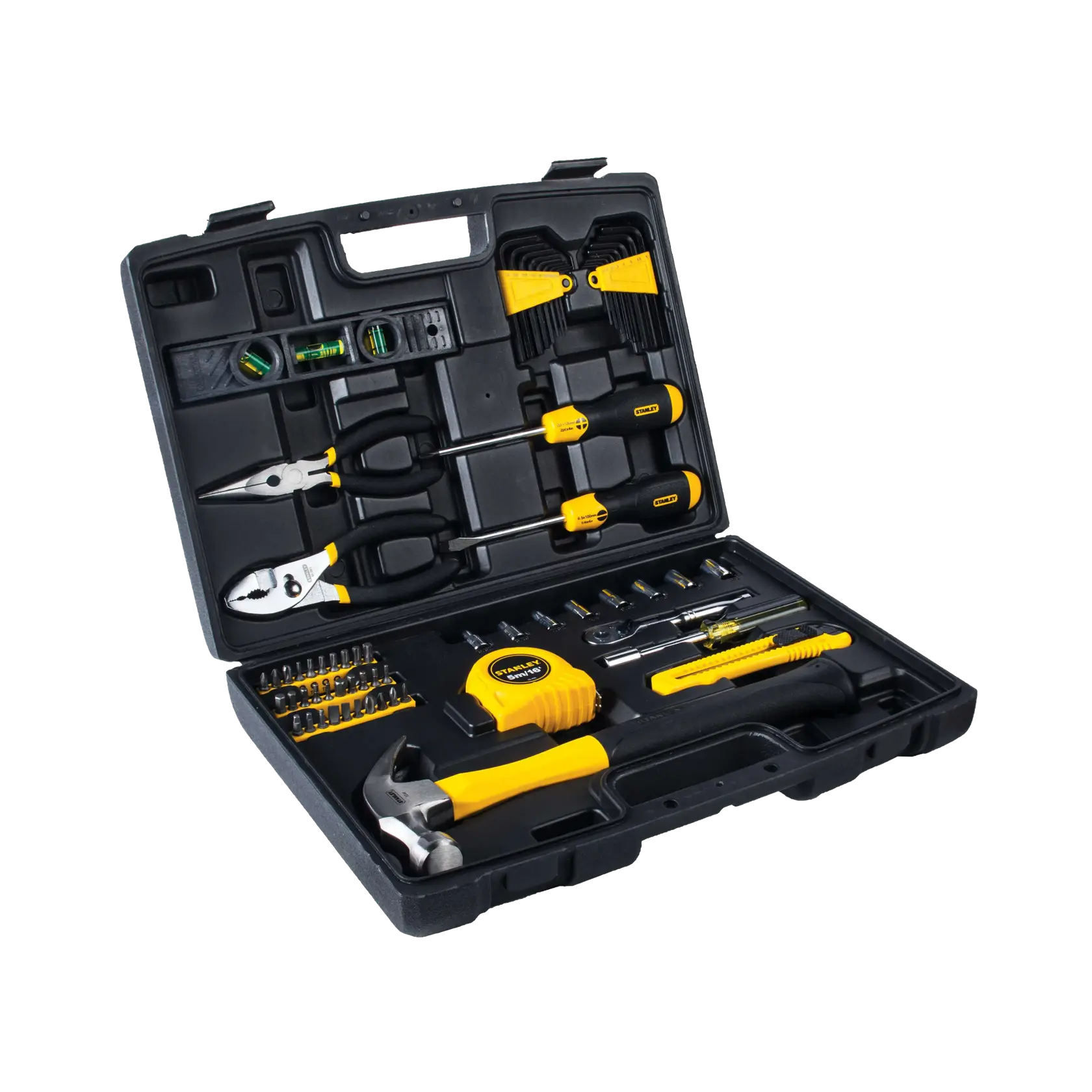 Stanley tool kit set in black case, includes yellow and black hand tools, photographed at an angle on white background