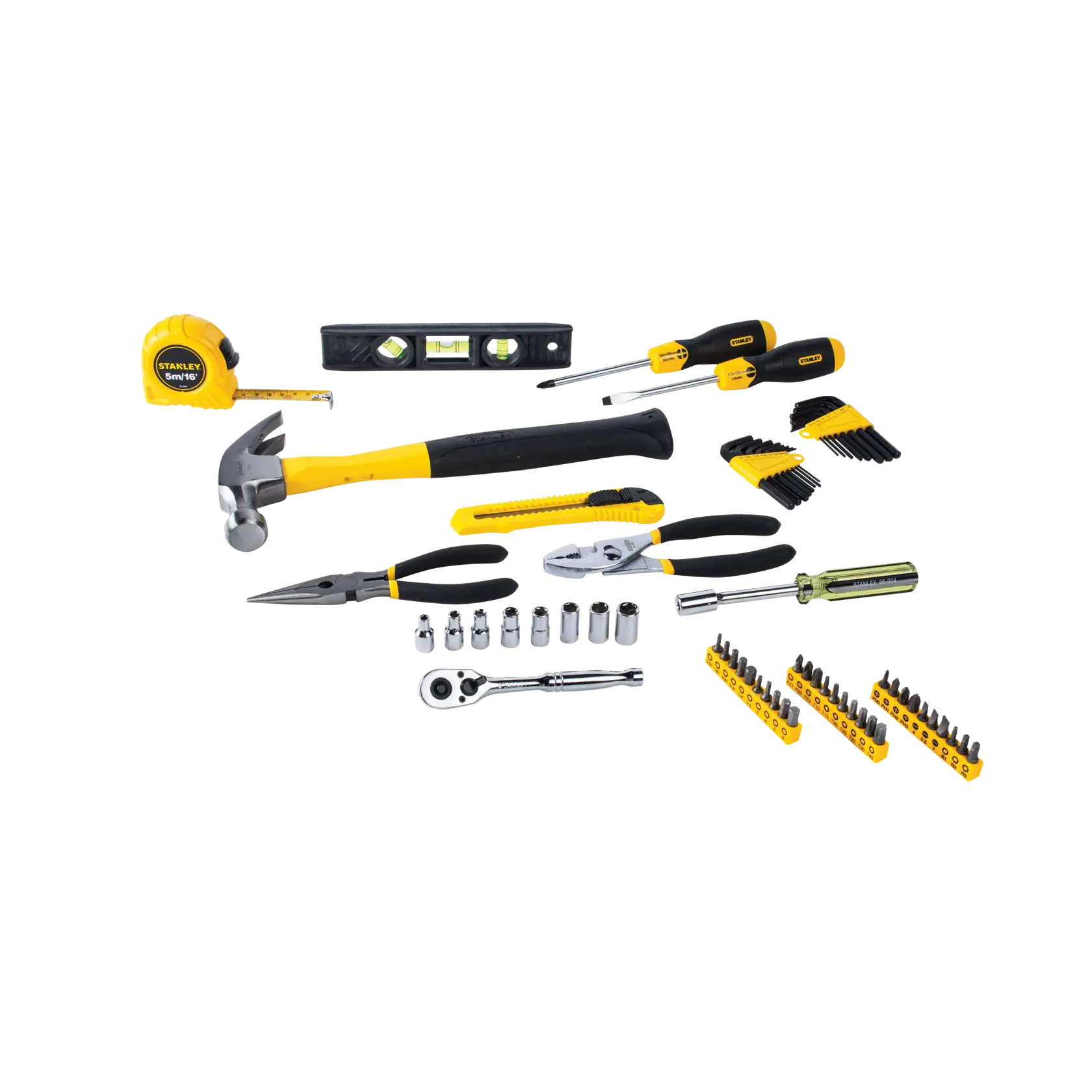 Stanley hand tool set, white background angle, includes hammer, pliers, tape measure, screwdrivers, and assorted bits.