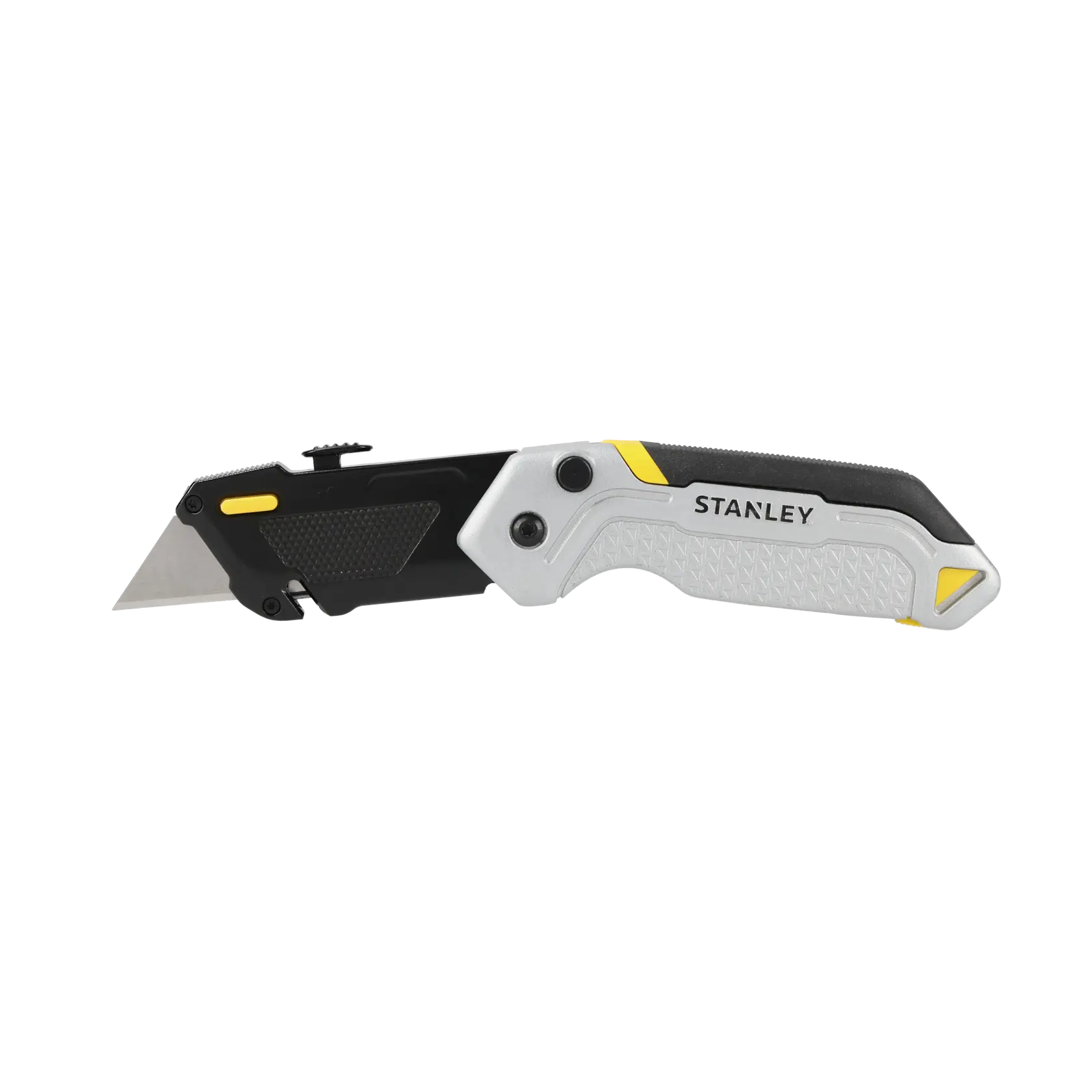 STANLEY FMHT10621-0 folding utility knife, black and silver with yellow accents, side view on white background.