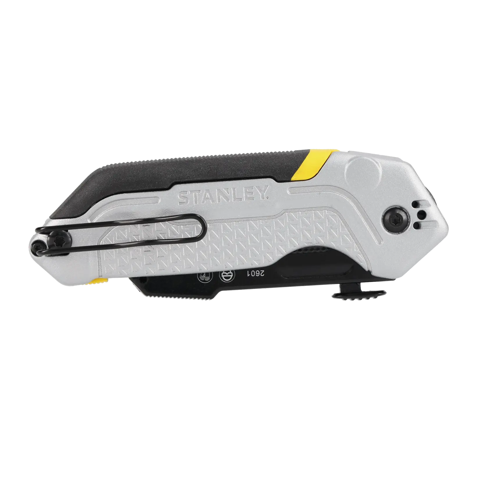STANLEY FMHT10621-0 folding utility knife, silver and black, side view, with pocket clip and textured grip.