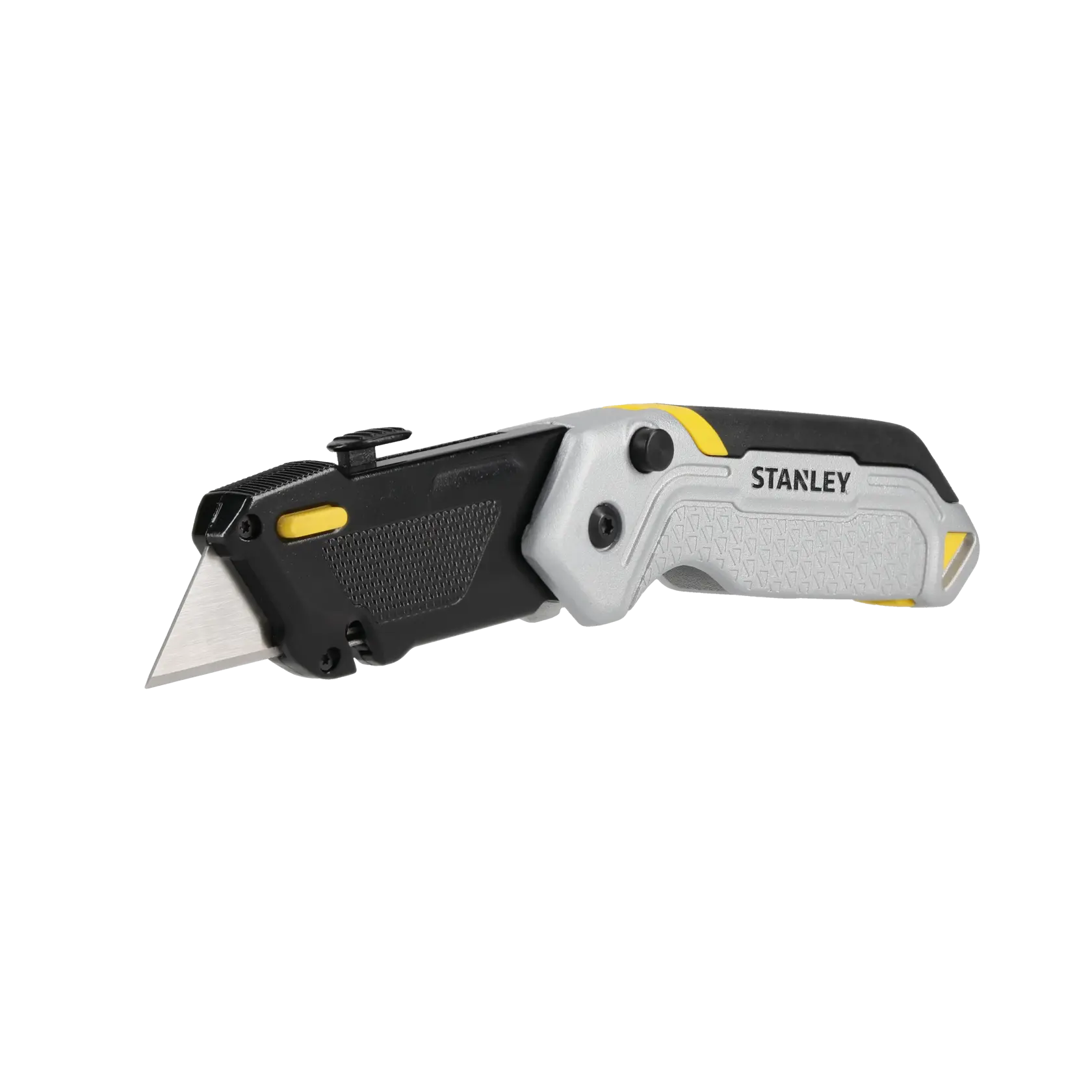 Photo of STANLEY FMHT10621-0 folding utility knife with black and gray handle, side angle on white background.