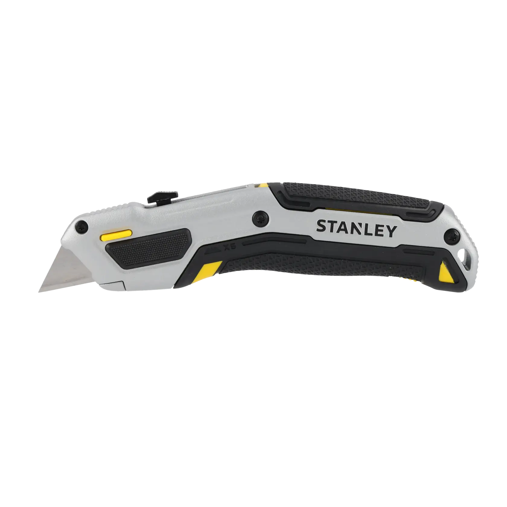A Stanley FMHT10722 utility knife featuring a retractable blade and a black, grey, and yellow ergonomic handle.