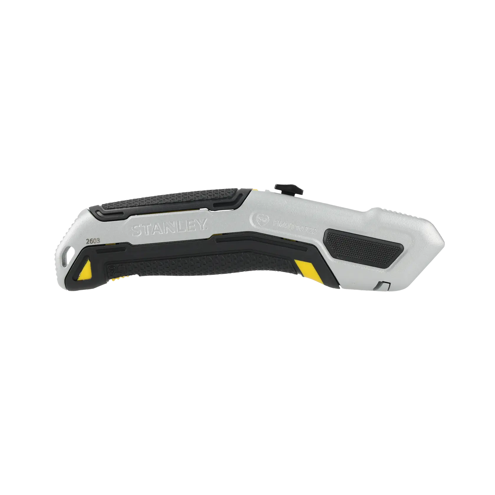 A STANLEY folding utility knife featuring a silver and black handle with yellow accents. The model number FMHT10722 is visible on the handle.