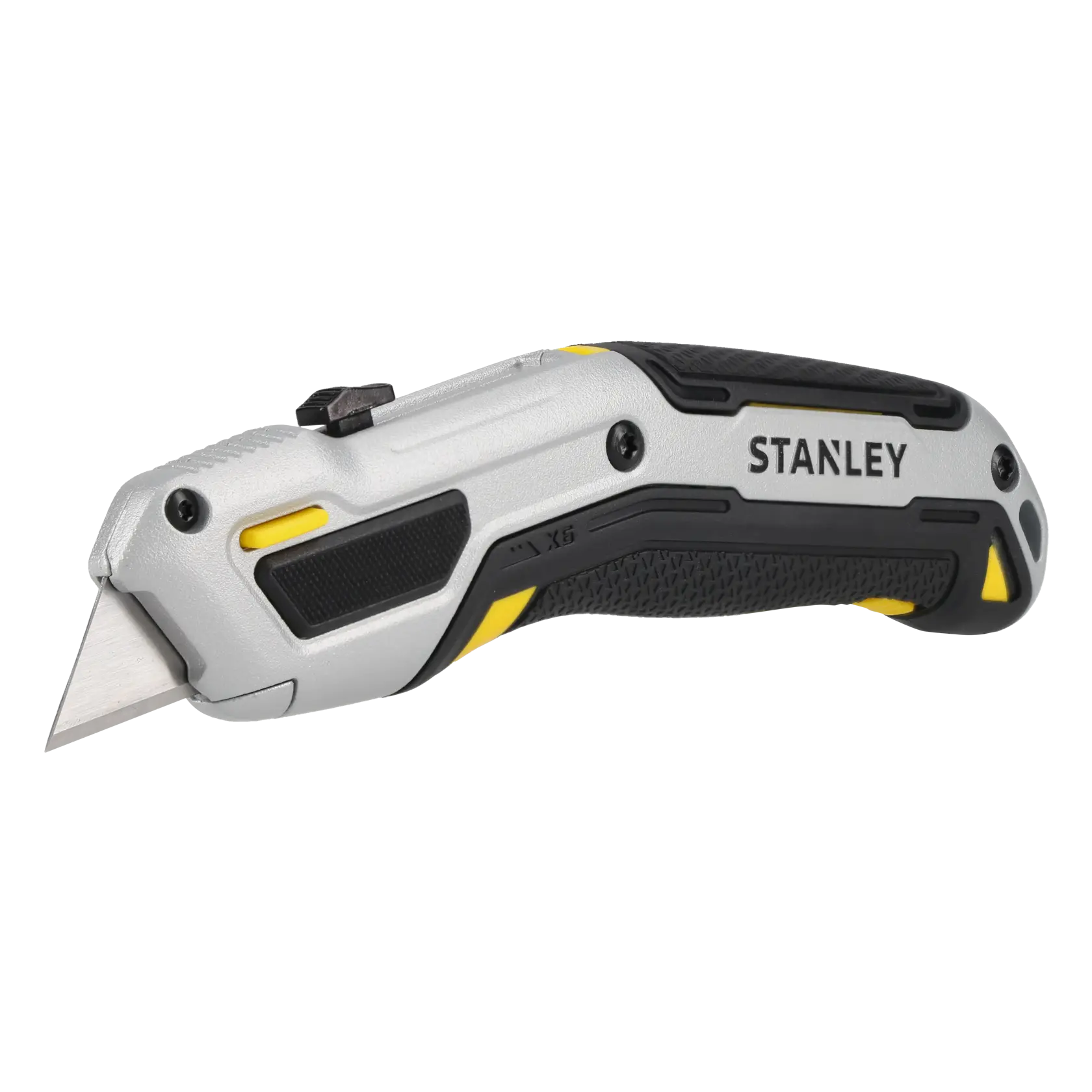 A Stanley utility knife with a silver and black handle, featuring yellow accents and a retractable blade.