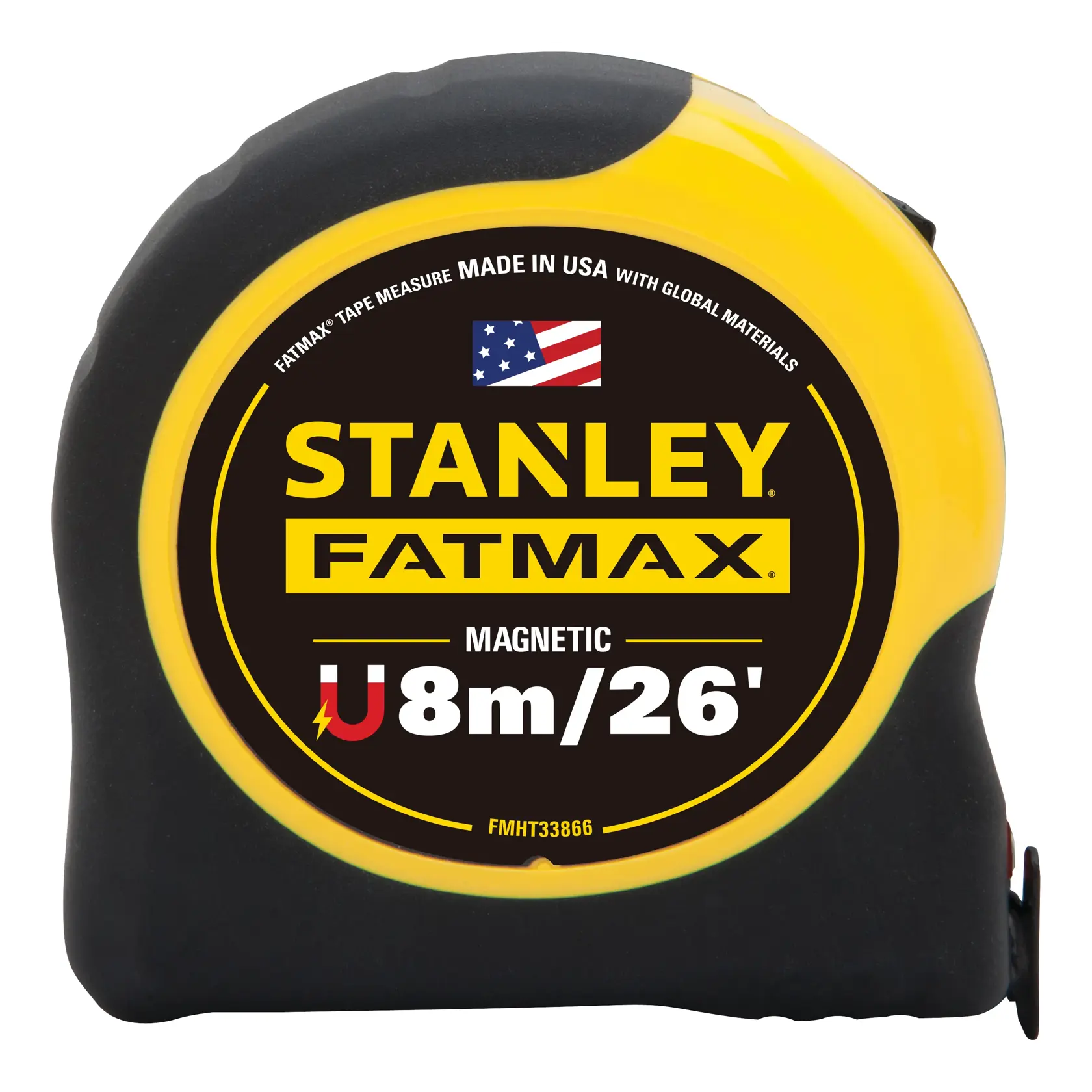 Front angle of STANLEY FATMAX magnetic tape measure, yellow and black, 8m/26ft length, white background.