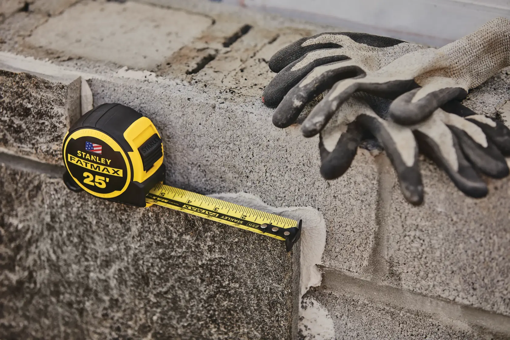 STANLEY FATMAX 25' tape measure FMHT36325S on concrete block with work gloves, extended measuring tape visible.