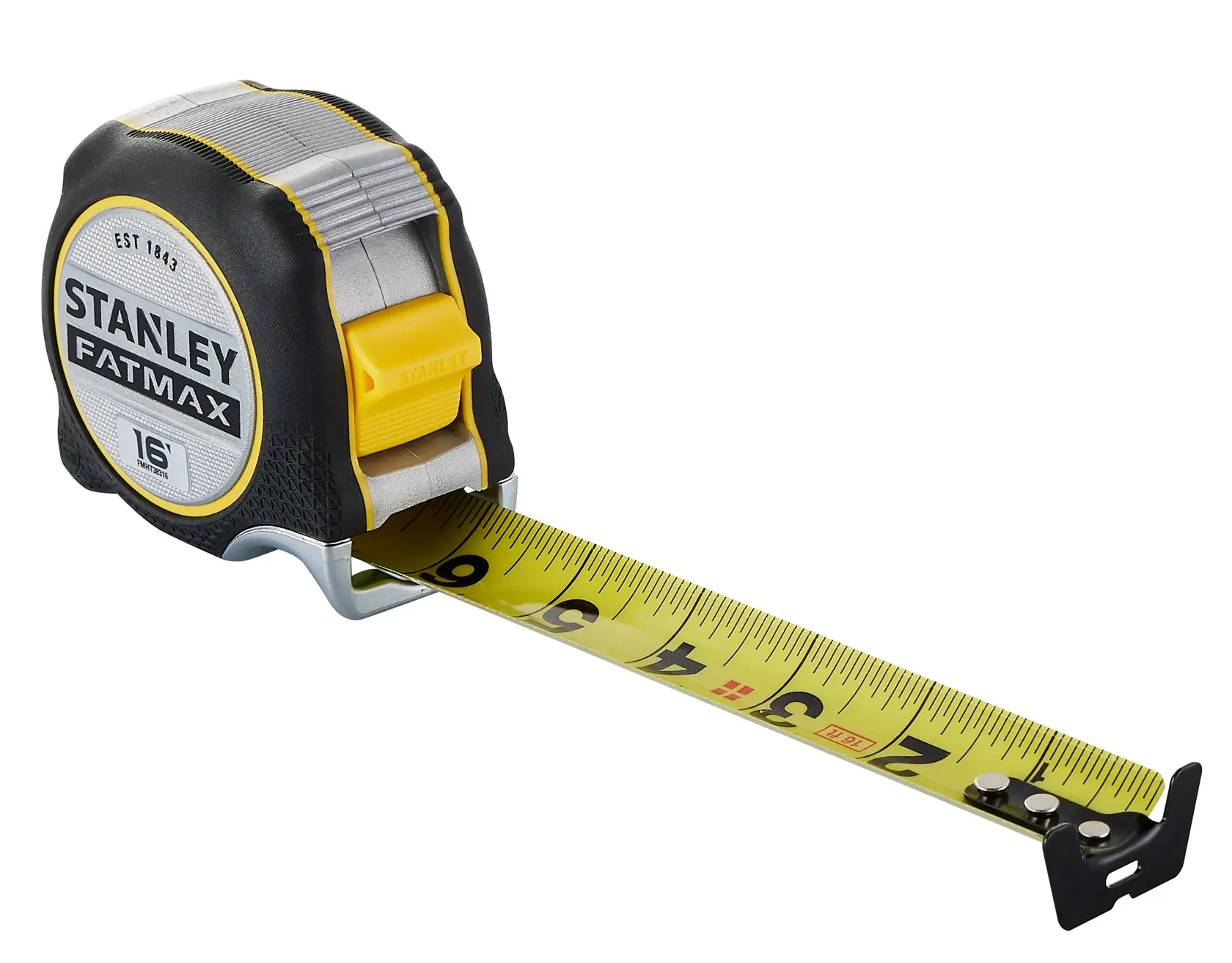 STANLEY FMHT38316S tape measure, FATMAX series, yellow blade, front angle on white background.