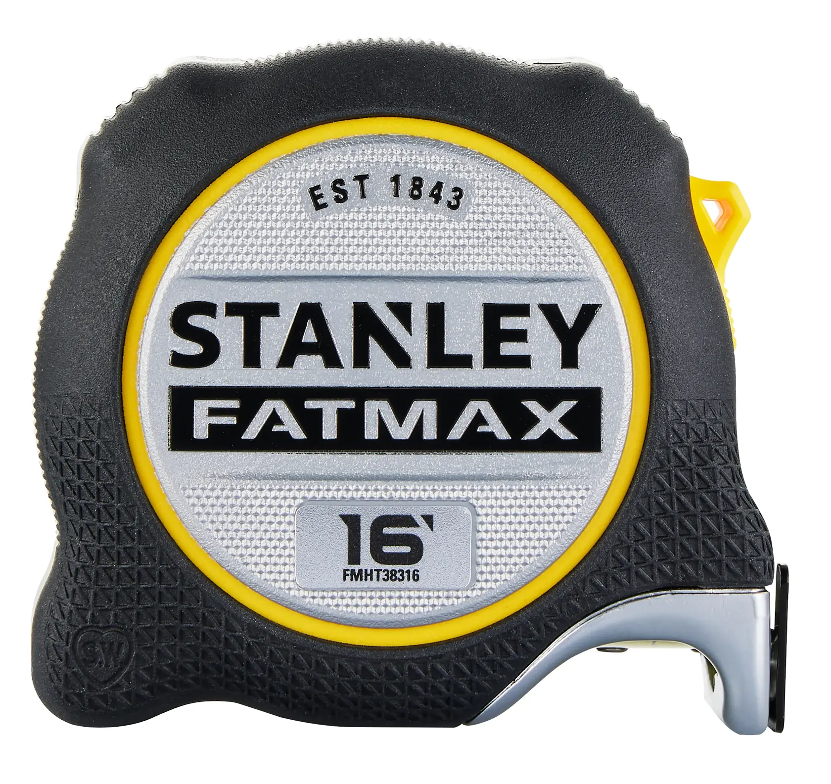 Photo of STANLEY FMHT38316S 16-foot FATMAX tape measure, front angle, black and silver case with yellow accents.